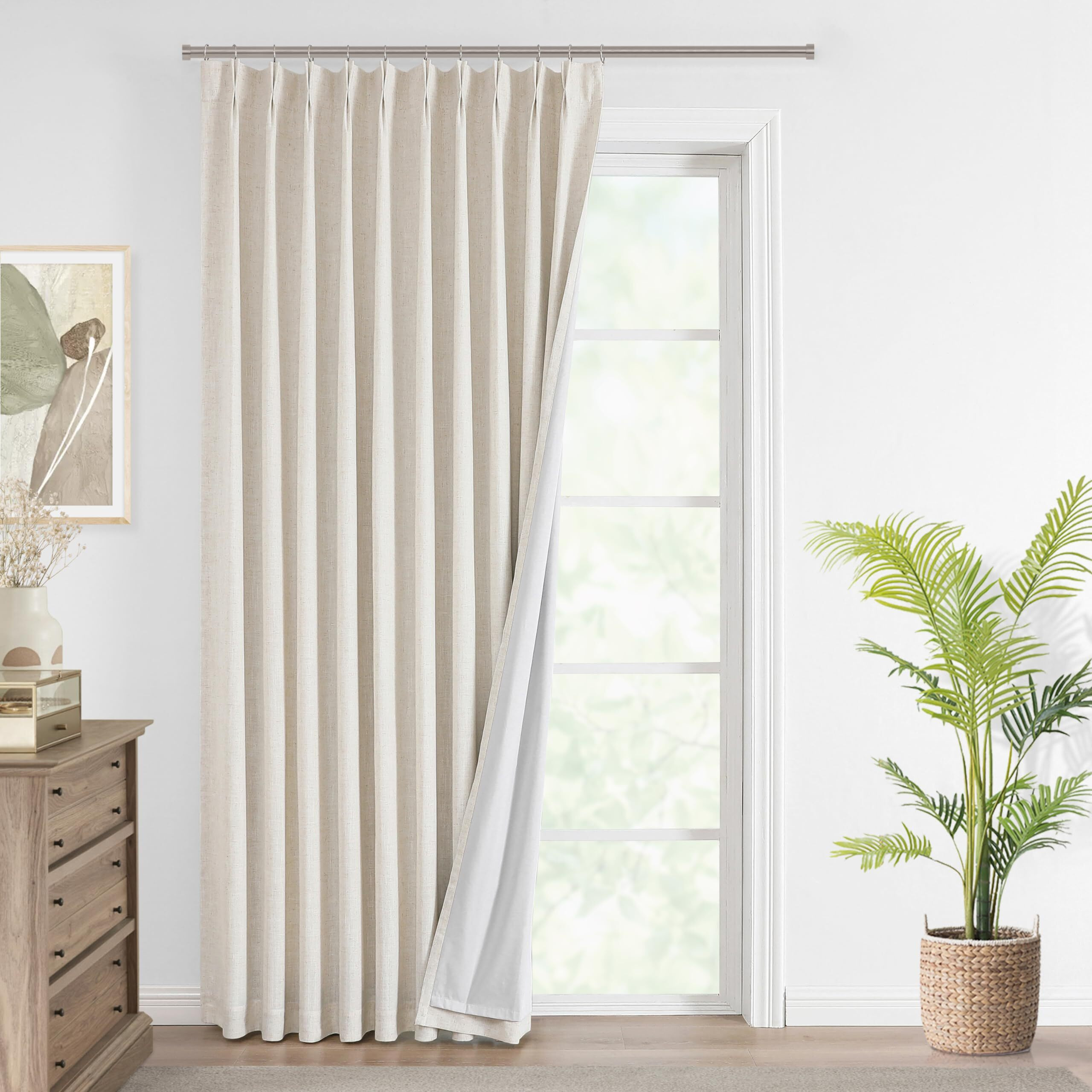 Vision Home Natural Pinch Pleated Full Blackout Curtains Linen Blended Room Darkening Window Curtains 95 Inch For Living Room Bedroom Thermal Insulated Pinch Pleat Drapes With Hooks 1 Panel 60&quotWx95&quotL