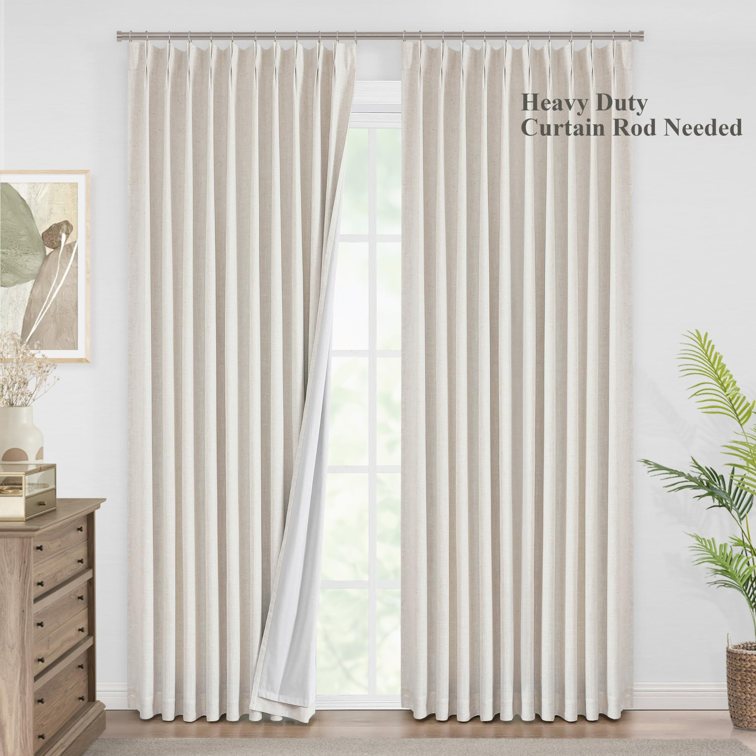 Vision Home Natural Pinch Pleated Full Blackout Curtains Linen Blended Room Darkening Window Curtains 95 Inch For Living Room Bedroom Thermal Insulated Pinch Pleat Drapes With Hooks 1 Panel 60&quotWx95&quotL