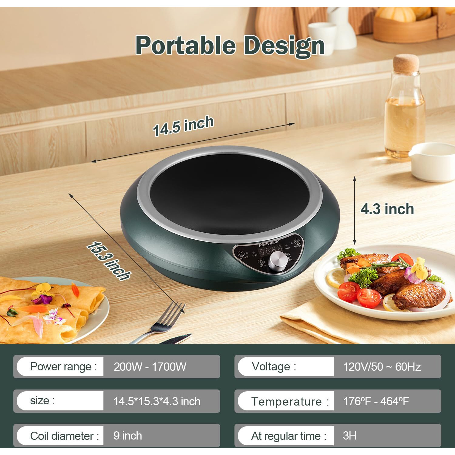 Abangdun Induction Wok Cooktop 1700W 120V Concave Induction Cooker Wok Burner(Authentic 13.4-Inch 304 Stainless Steel Cooking Wok Pan Included) Electric Stove Hot Plate With Large Coil