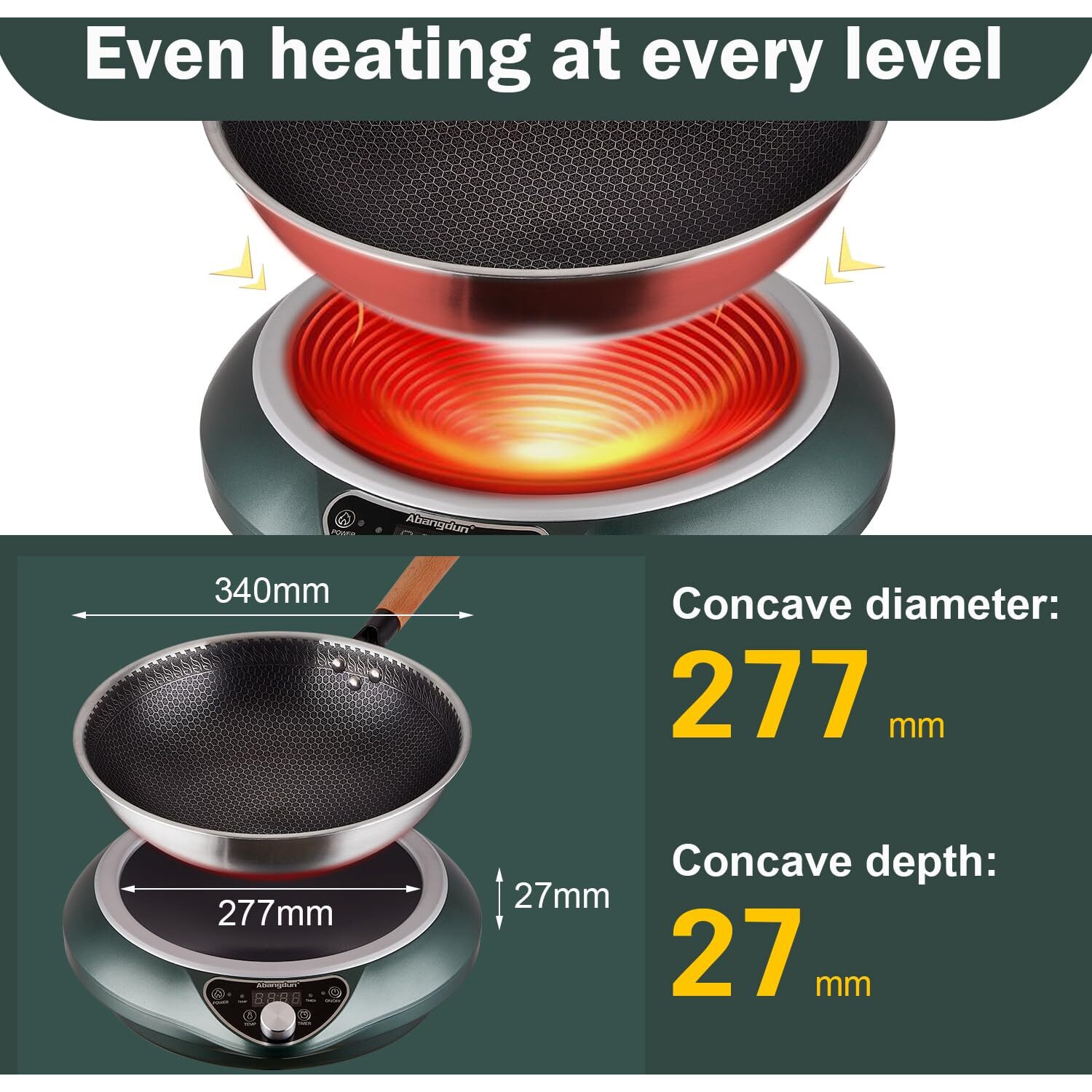 Abangdun Induction Wok Cooktop 1700W 120V Concave Induction Cooker Wok Burner(Authentic 13.4-Inch 304 Stainless Steel Cooking Wok Pan Included) Electric Stove Hot Plate With Large Coil