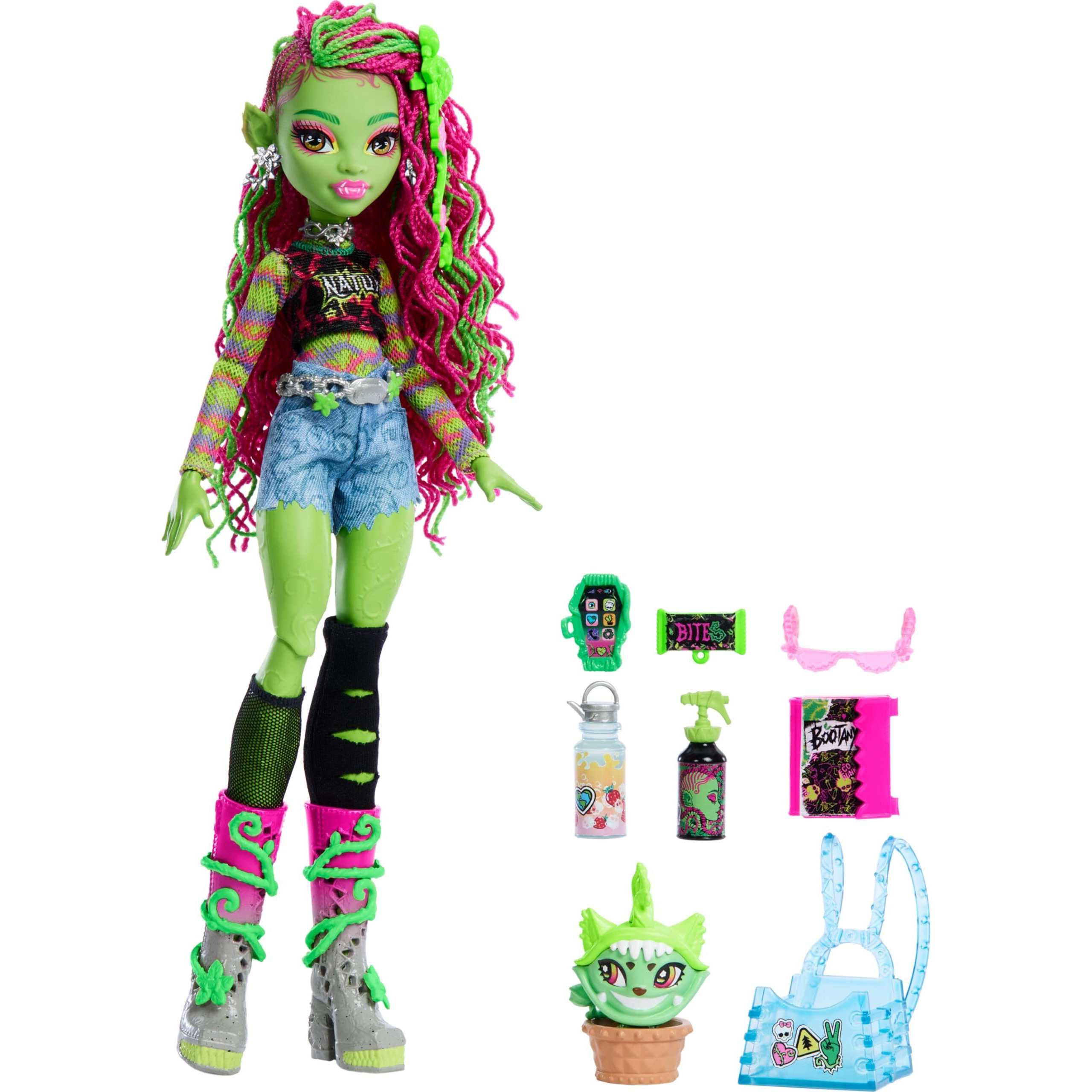 Monster High Venus Mcflytrap Doll, Plant Monster With Pet Cat Chewlian & Accessories Like Backpack, Notebook, Snacks & More