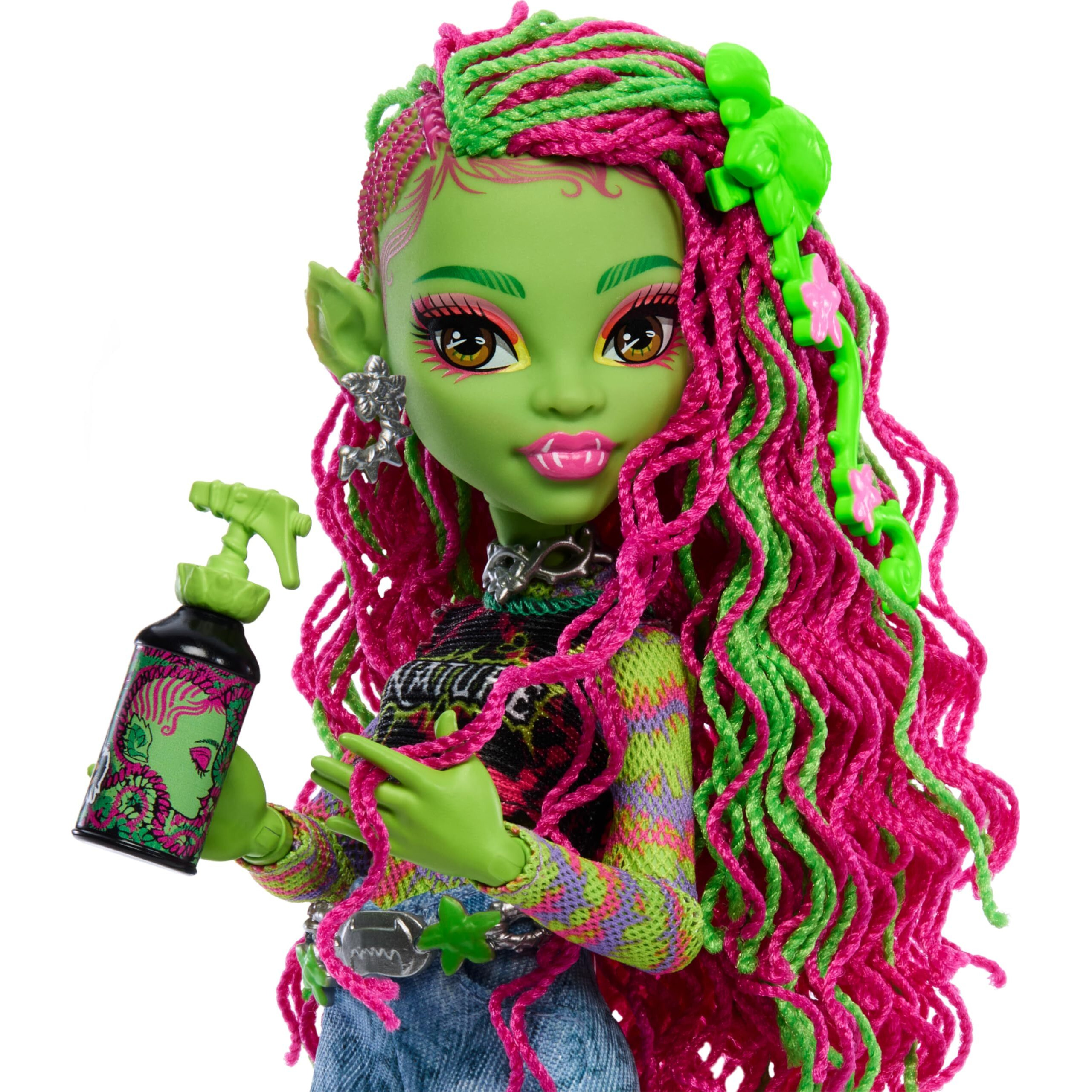 Monster High Venus Mcflytrap Doll, Plant Monster With Pet Cat Chewlian & Accessories Like Backpack, Notebook, Snacks & More