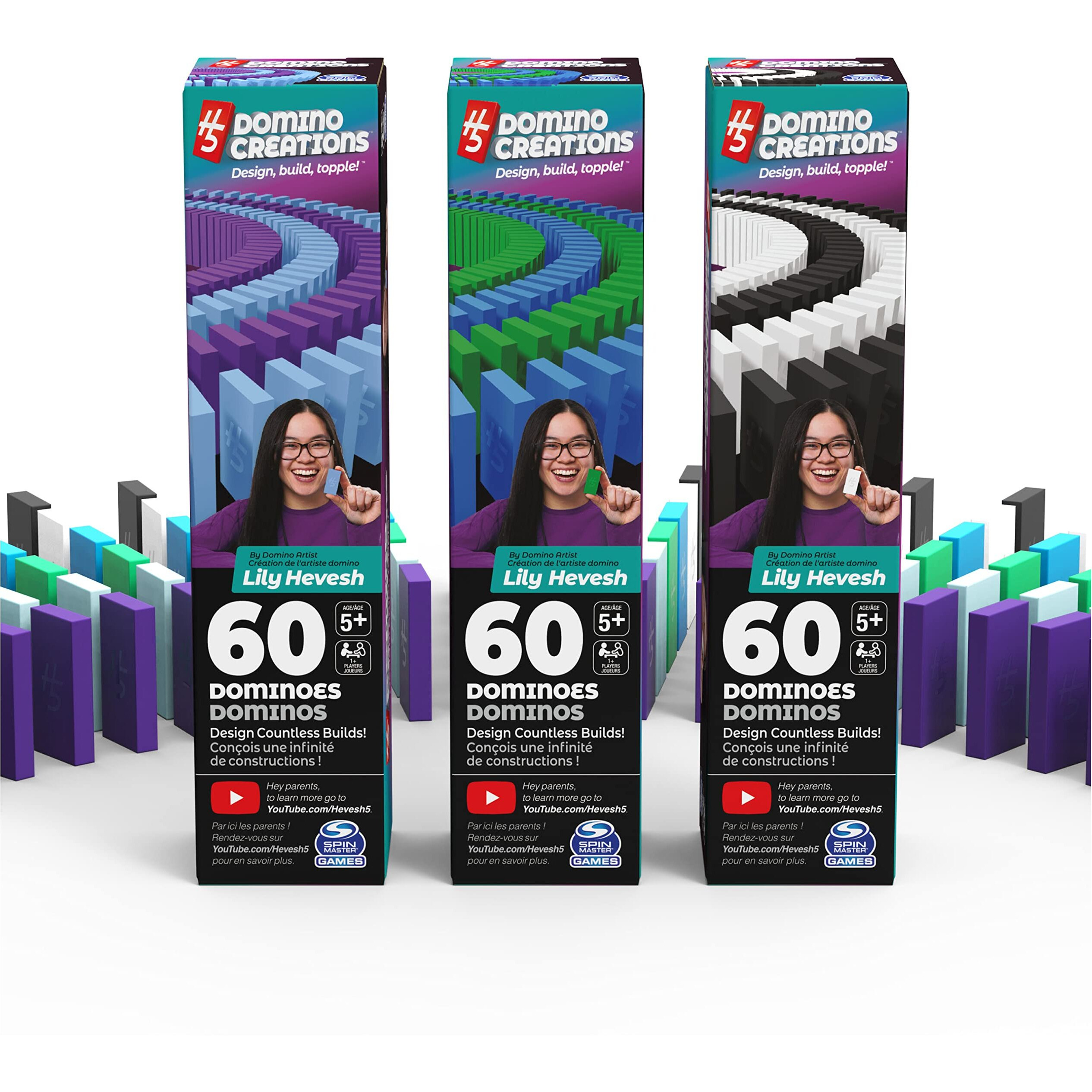 H5 Domino Creations, 180-Piece Dominoes Set By Lily Hevesh Colorful 3-Pack Bundle Of 60-Piece Packs, Family Games For Adults And Kids Ages 5 And Up