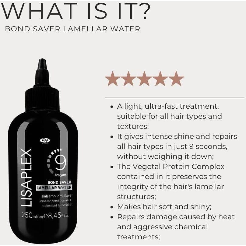 Lisaplex Lamellar Water - Works In Just 9 Seconds - Detangling, Frizz-Reducing, Repairing - Improves Softness And Shine - Reduces Blowdrying Time (8.45 Oz)