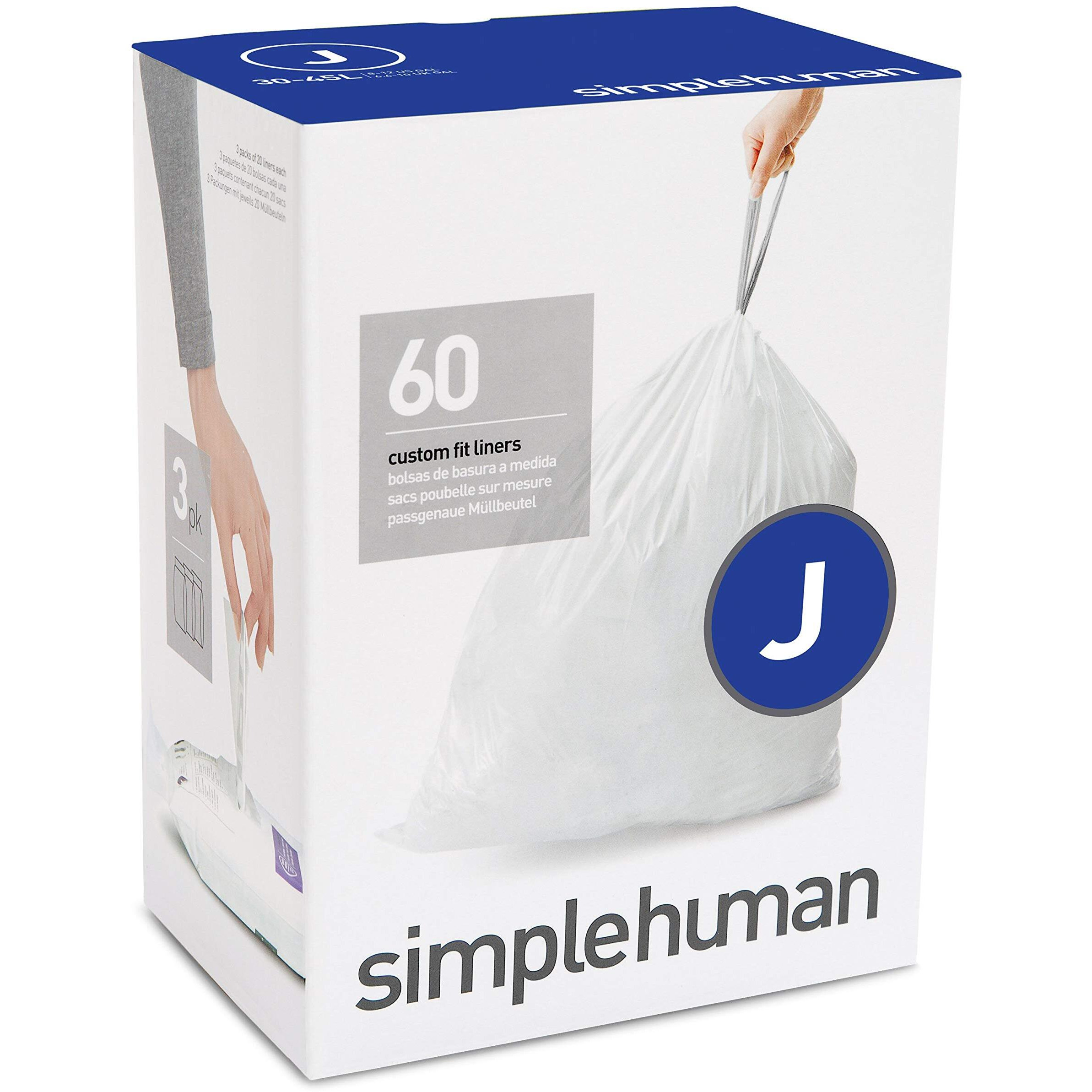 Simplehuman Code J Custom Fit Trash Can Liner, 3 Refill Packs (60 Count), 30-45 Liter / 8-12 Gallon