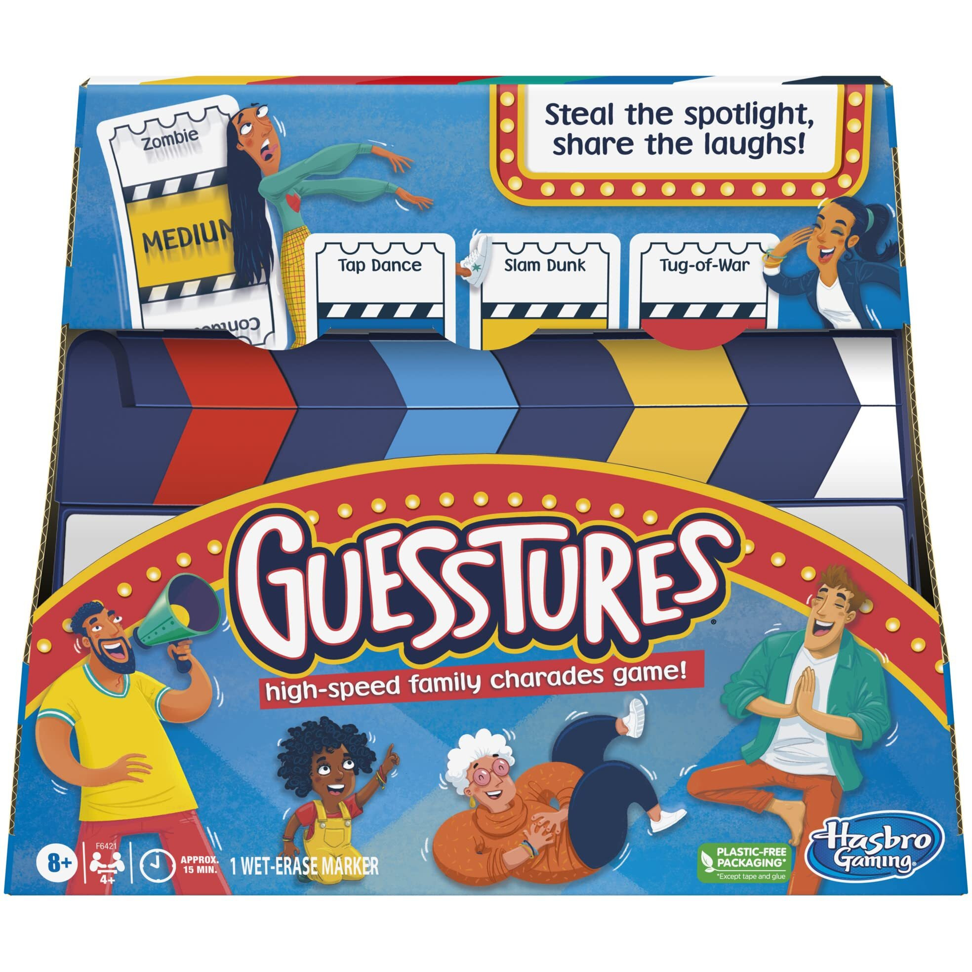 Hasbro Gaming Guesstures Game, Charades Game For 4 Or More Players, Includes Customizable Cards And Clapper, Family Party Game For Ages 8 And Up