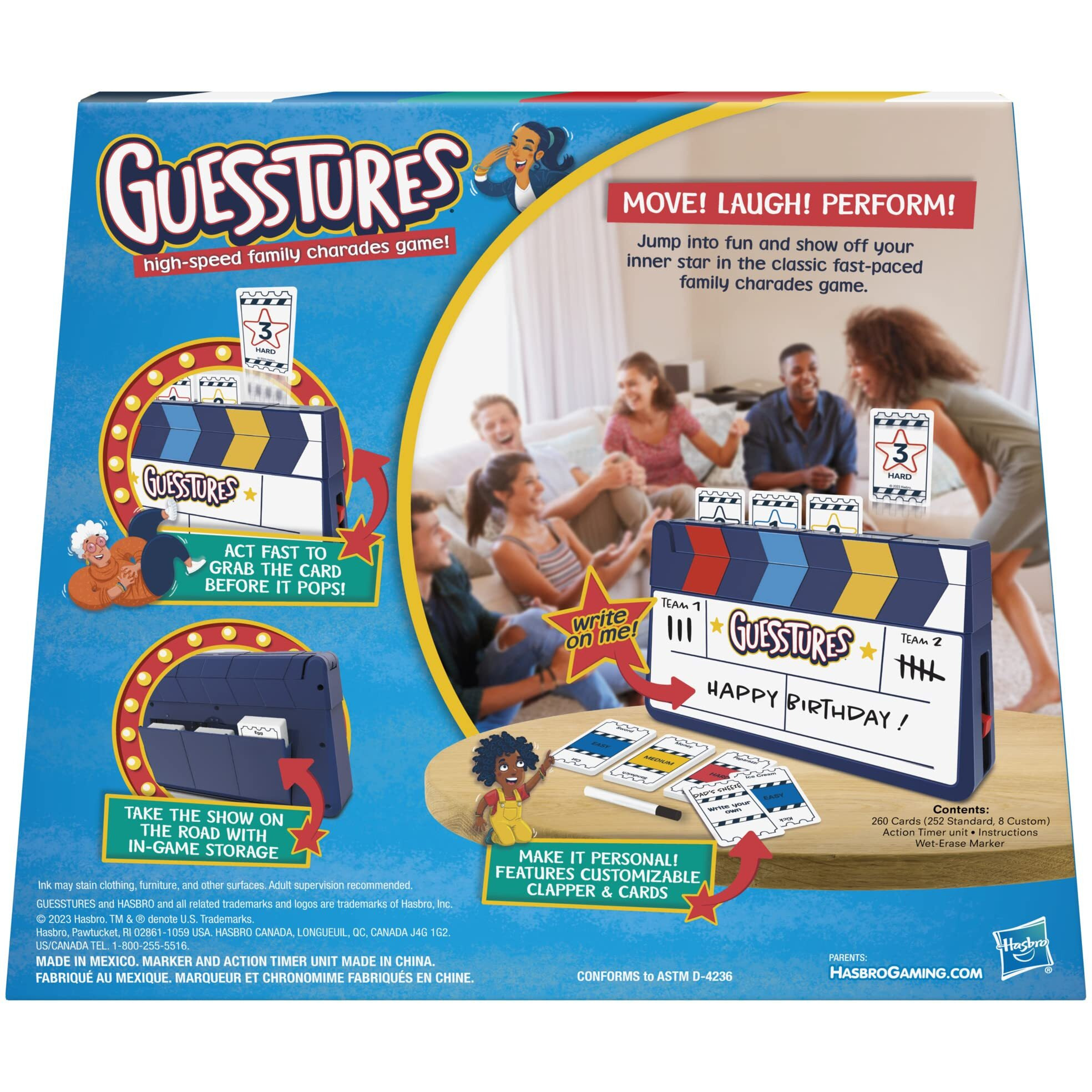 Hasbro Gaming Guesstures Game, Charades Game For 4 Or More Players, Includes Customizable Cards And Clapper, Family Party Game For Ages 8 And Up