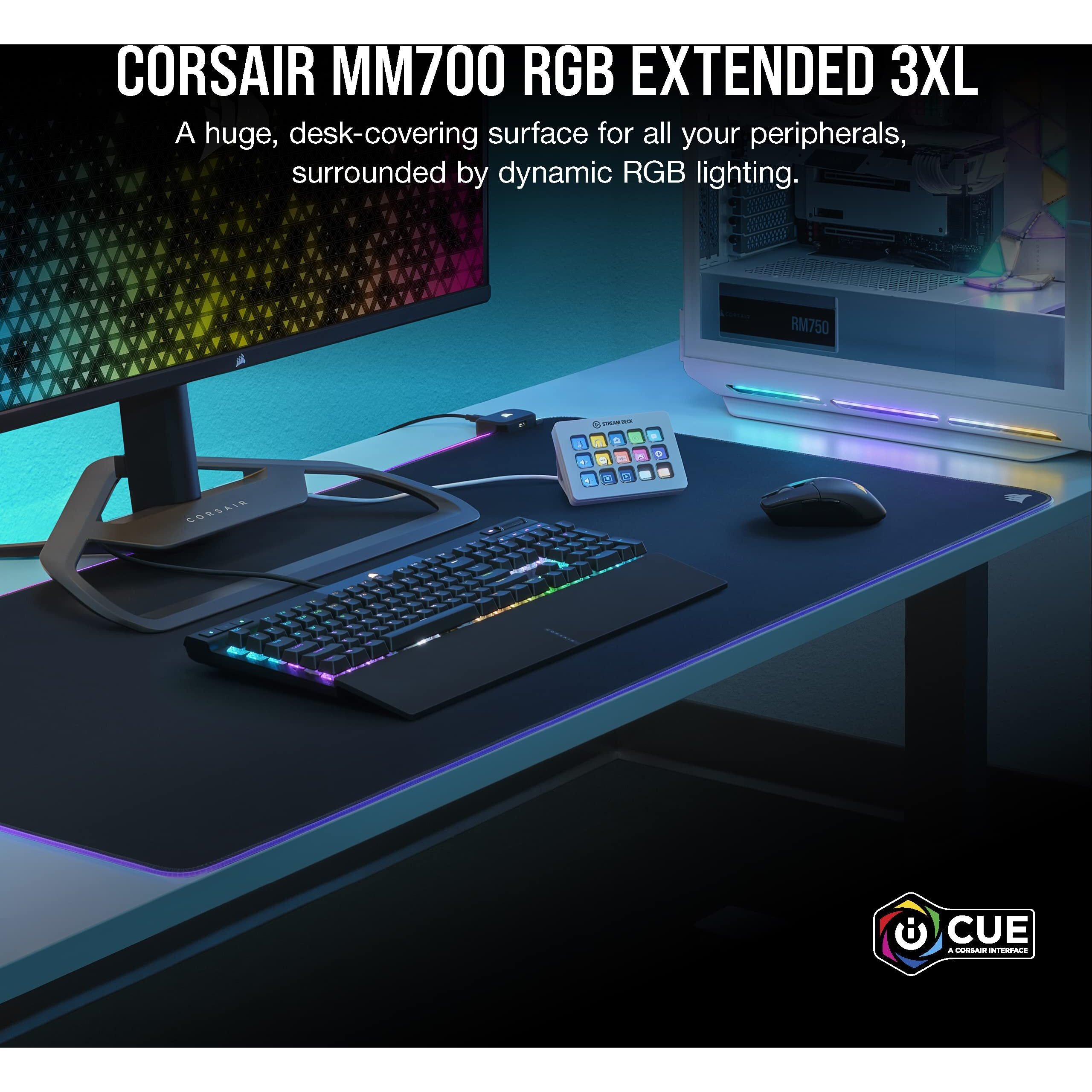 Corsair Mm700 Rgb Extended 3Xl Cloth Gaming Mouse Pad/Desk Mat - Massive 1,220Mm X 610Mm (48 X 24) Cloth Surface, 360 Three-Zone Rgb Lighting, Two Usb Ports - Black