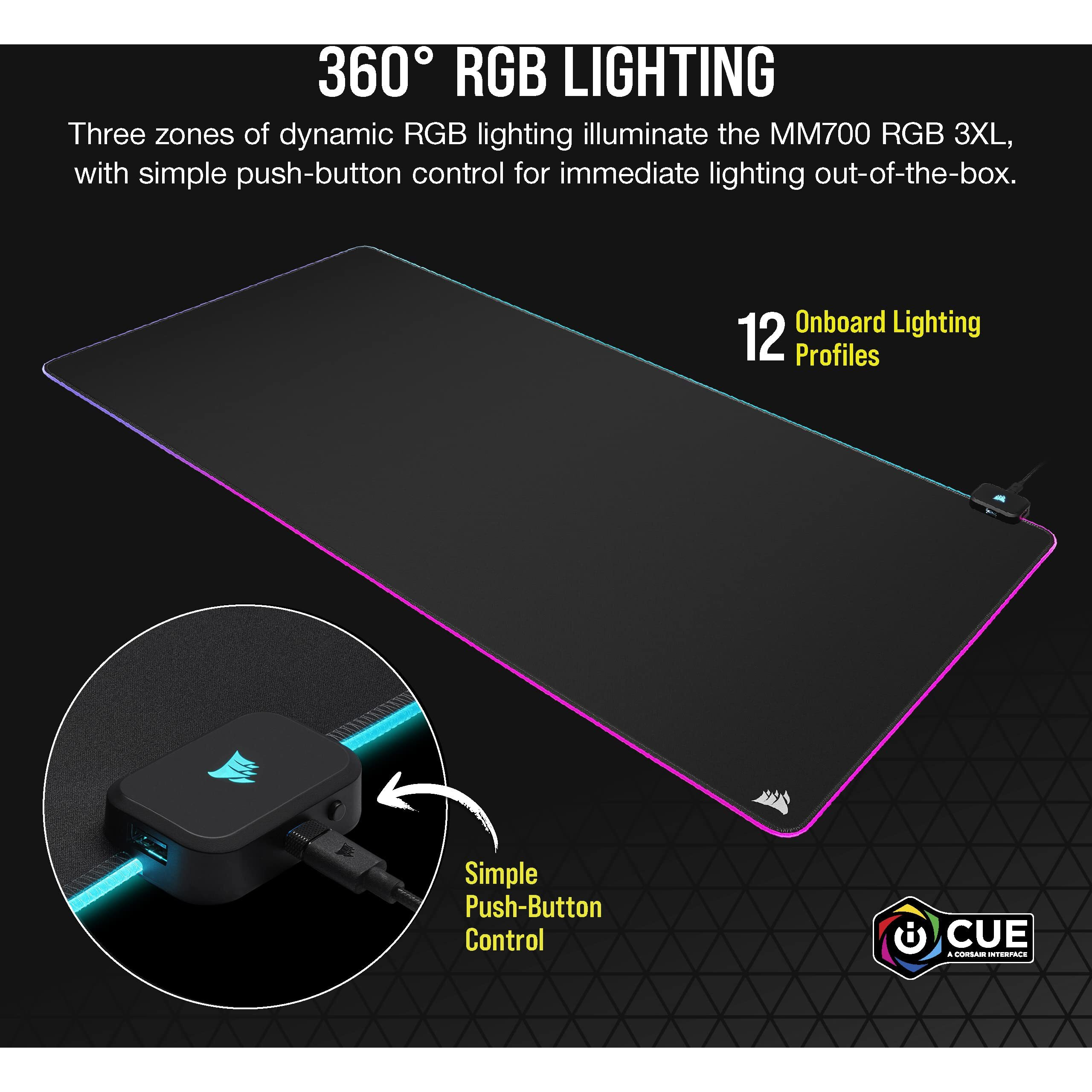 Corsair Mm700 Rgb Extended 3Xl Cloth Gaming Mouse Pad/Desk Mat - Massive 1,220Mm X 610Mm (48 X 24) Cloth Surface, 360 Three-Zone Rgb Lighting, Two Usb Ports - Black