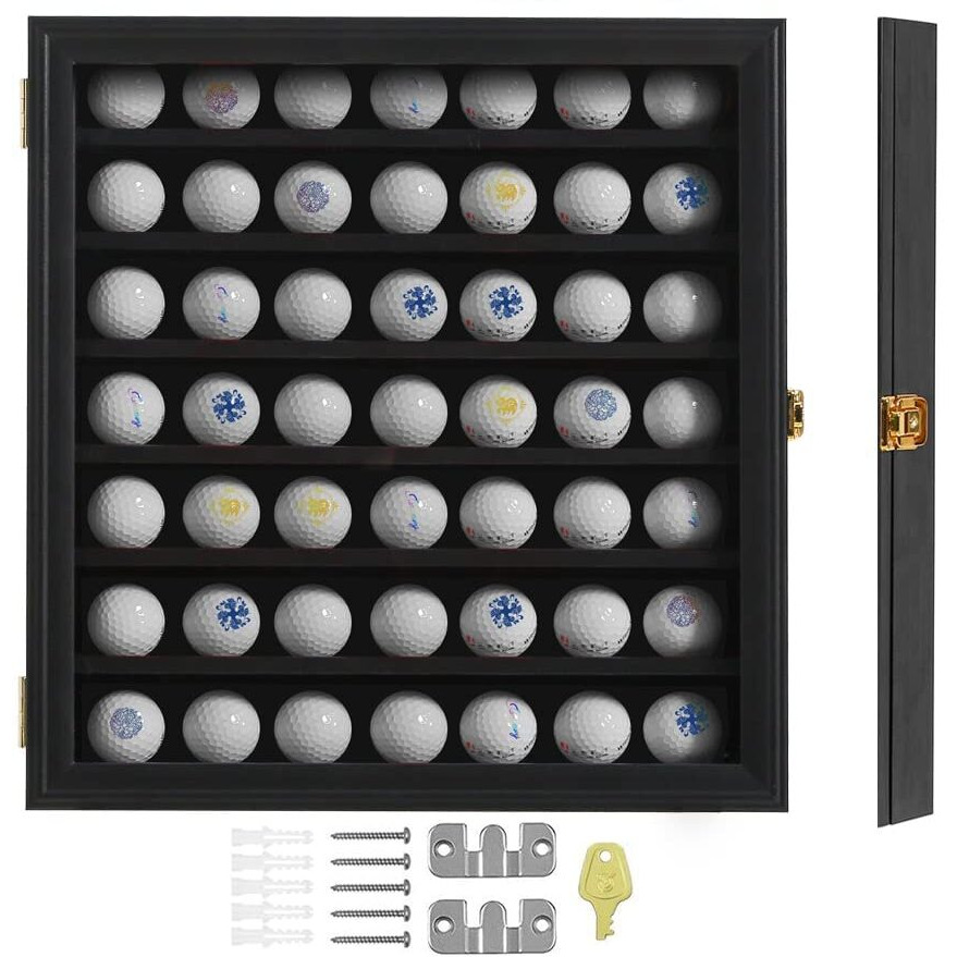 Kcrasan 49 Golf Ball Display Case Lockable - Golf Ball Holder Gift For Golf Enthusiasts - Golf Ball Display Rack Cabinet For Wall Mount With 98% Uv Protection Acrylic Glass Door Black