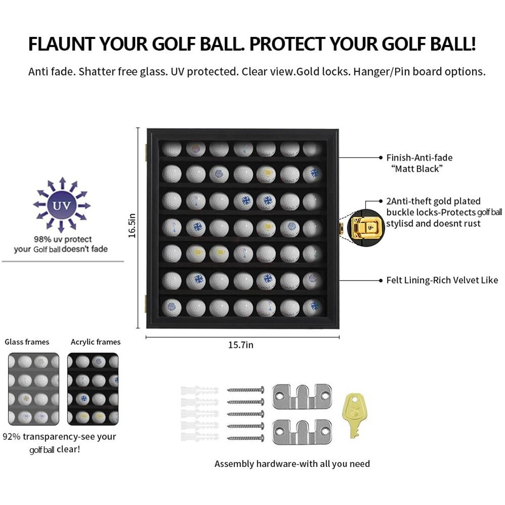 Kcrasan 49 Golf Ball Display Case Lockable - Golf Ball Holder Gift For Golf Enthusiasts - Golf Ball Display Rack Cabinet For Wall Mount With 98% Uv Protection Acrylic Glass Door Black