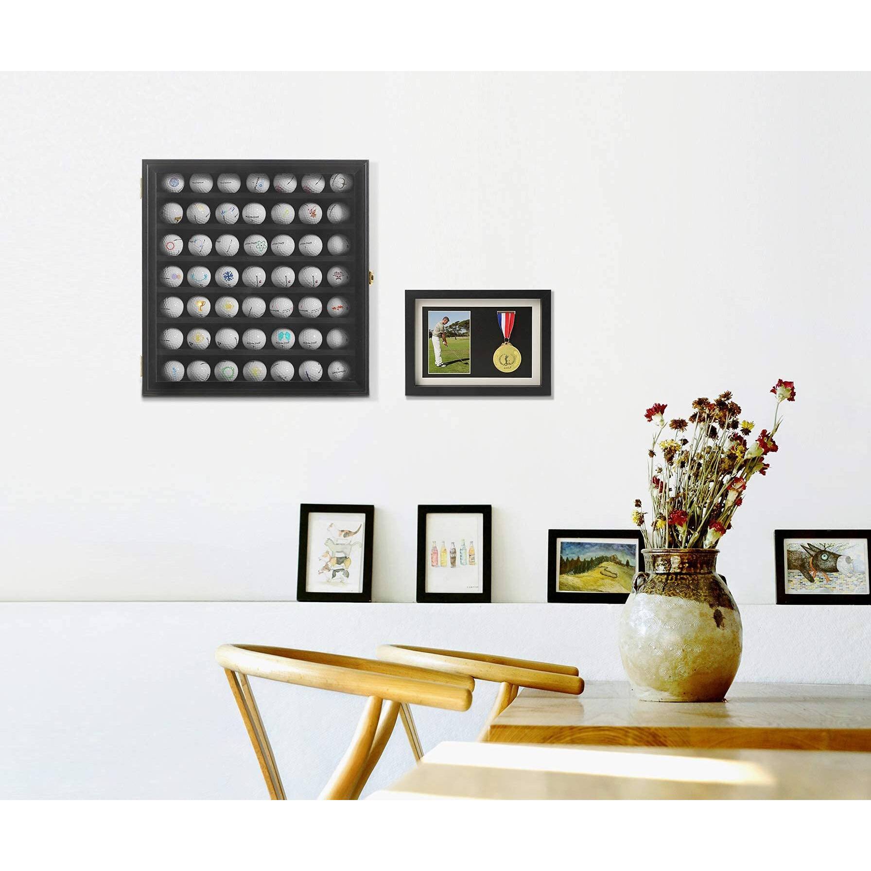 Kcrasan 49 Golf Ball Display Case Lockable - Golf Ball Holder Gift For Golf Enthusiasts - Golf Ball Display Rack Cabinet For Wall Mount With 98% Uv Protection Acrylic Glass Door Black