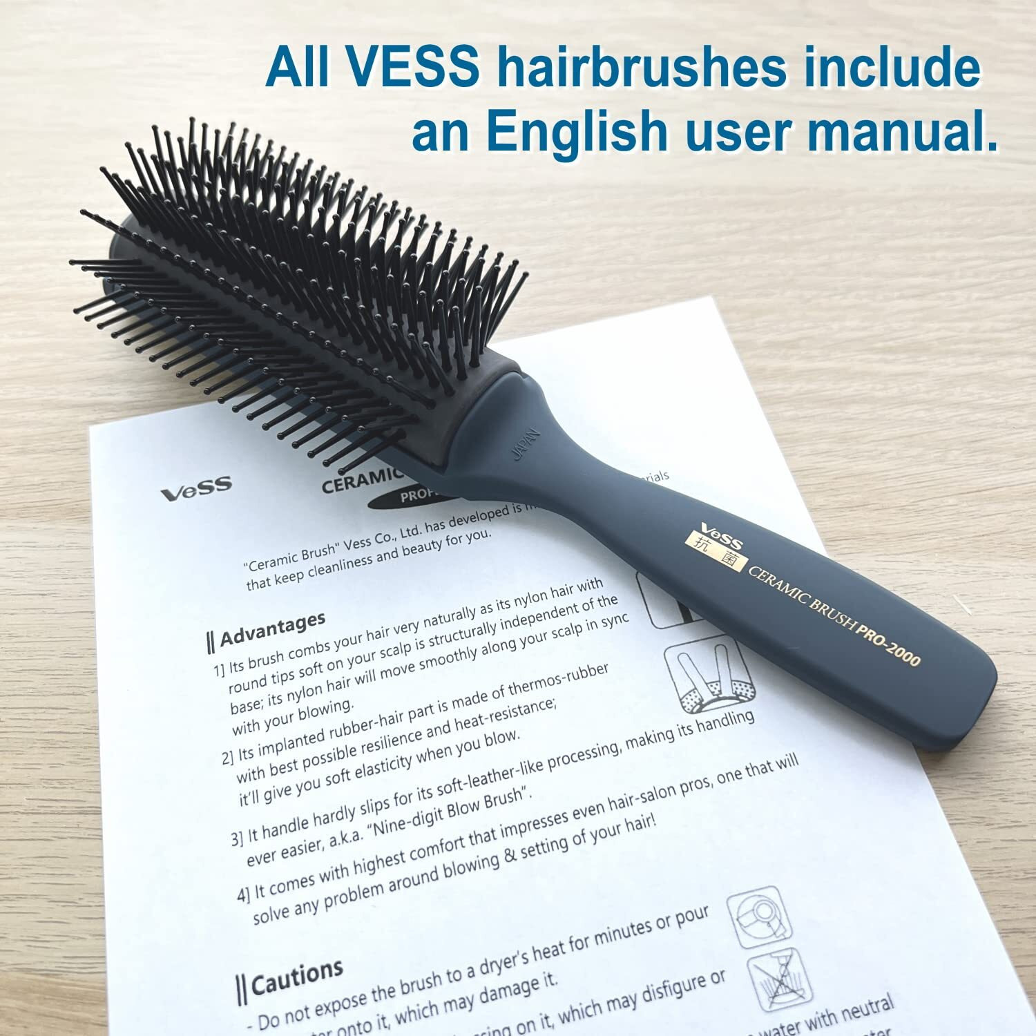 Vess Professional Hair Blow Brush Pro-2000 Ceramic 9 Rows Wide Type-English Instruction Manual-Made In Japan