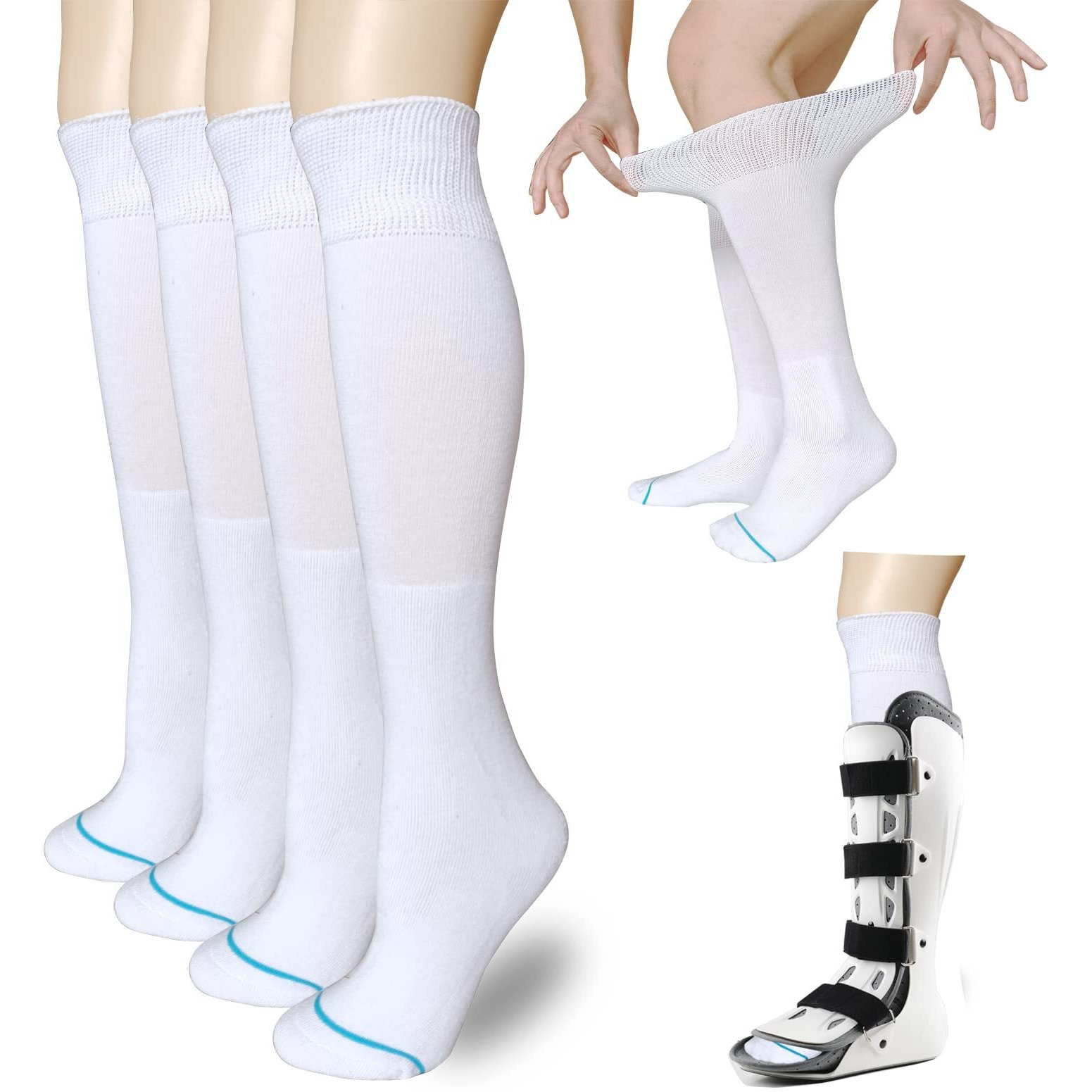 Veigike Socks Liner For Orthopedic Walking Boots Walker Brace Shoe,Medical Tube Socks Under Air Cam Walkers And Fracture Boot Cast Surgical Leg Cover White 2 Pairs