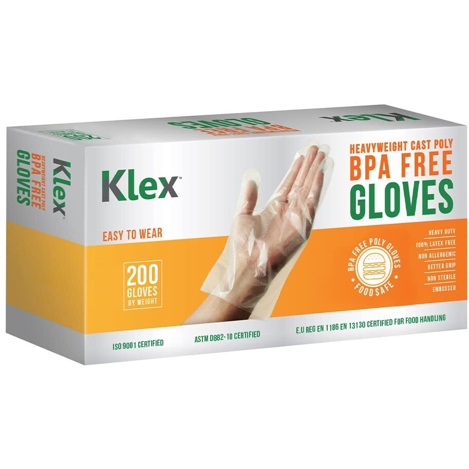 Klex 200 Bpa Free Disposable Heavyweight Cast Poly Cpe Gloves, Embossed Pe Plastic Glove For Food Handling Food Prep Safe, Latex & Powder Free (200 Count, Large)