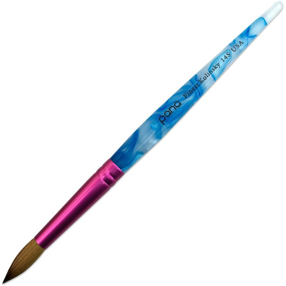 Pana Usa Acrylic Nail Brush Pure Kolinsky Hair Acrylic White Swirl Blue Handle With Pink Ferrule Round Shaped - Size 14
