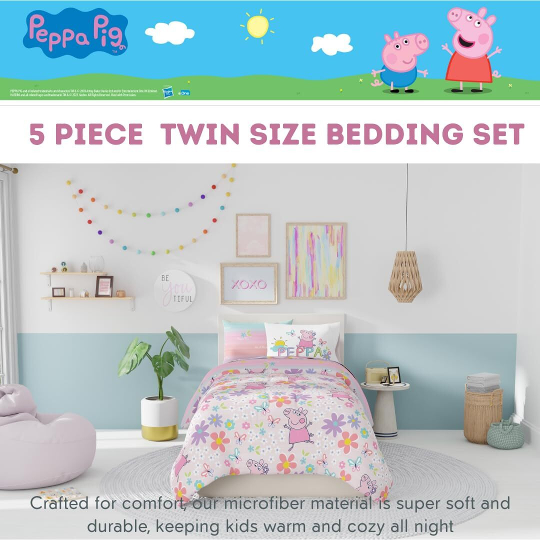 Franco Peppa Pig Kids Bedding Super Soft Comforter And Sheet Set With Sham, 5 Piece Twin Size, (Officially Licensed Product)