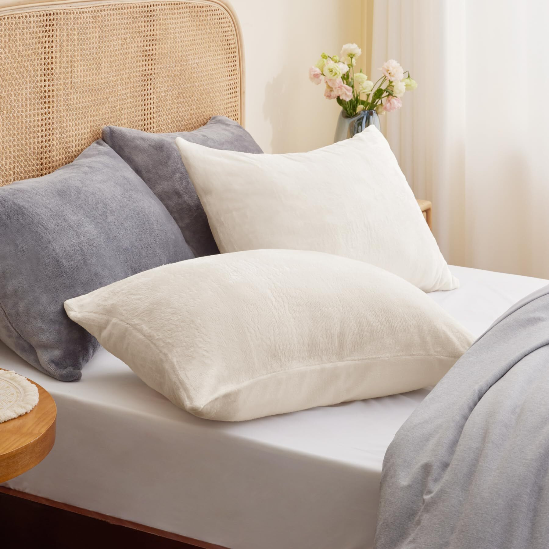 Bedelite Flannel Pillow Cases Queen Size Set Of 2, Super Soft Fleece Pillow Case Cover With Zipper For Bedroom, Sofa, Couch,Luxury Cozy Fuzzy Velvet Pillow Shams For Spring(20X30 Inches,White)