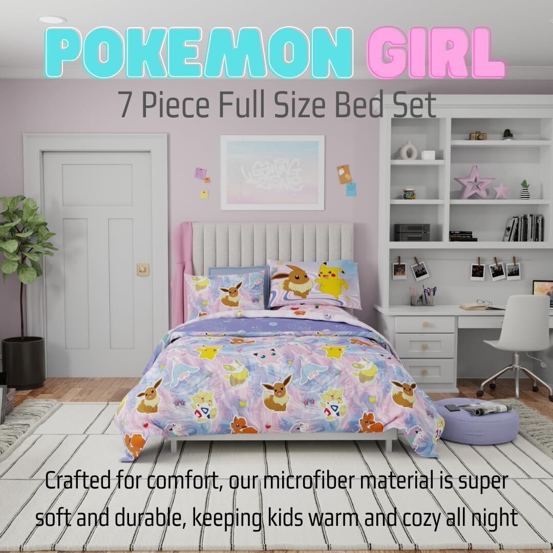 Franco Pokemon Girl Anime Kids Bedding Super Soft Comforter And Sheet Set With Sham, 7 Piece Full Size, (Official Licensed Product)