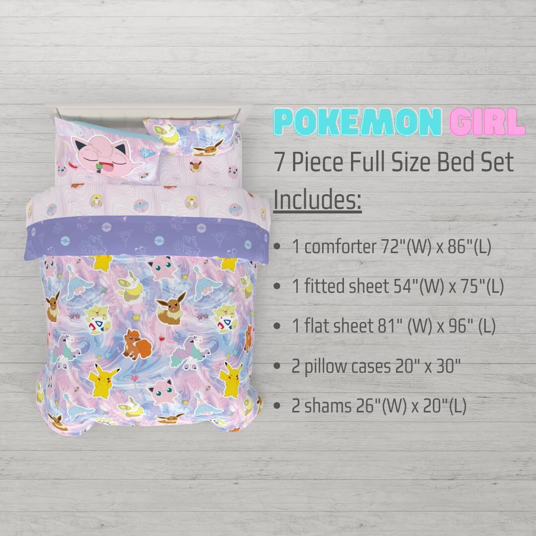 Franco Pokemon Girl Anime Kids Bedding Super Soft Comforter And Sheet Set With Sham, 7 Piece Full Size, (Official Licensed Product)
