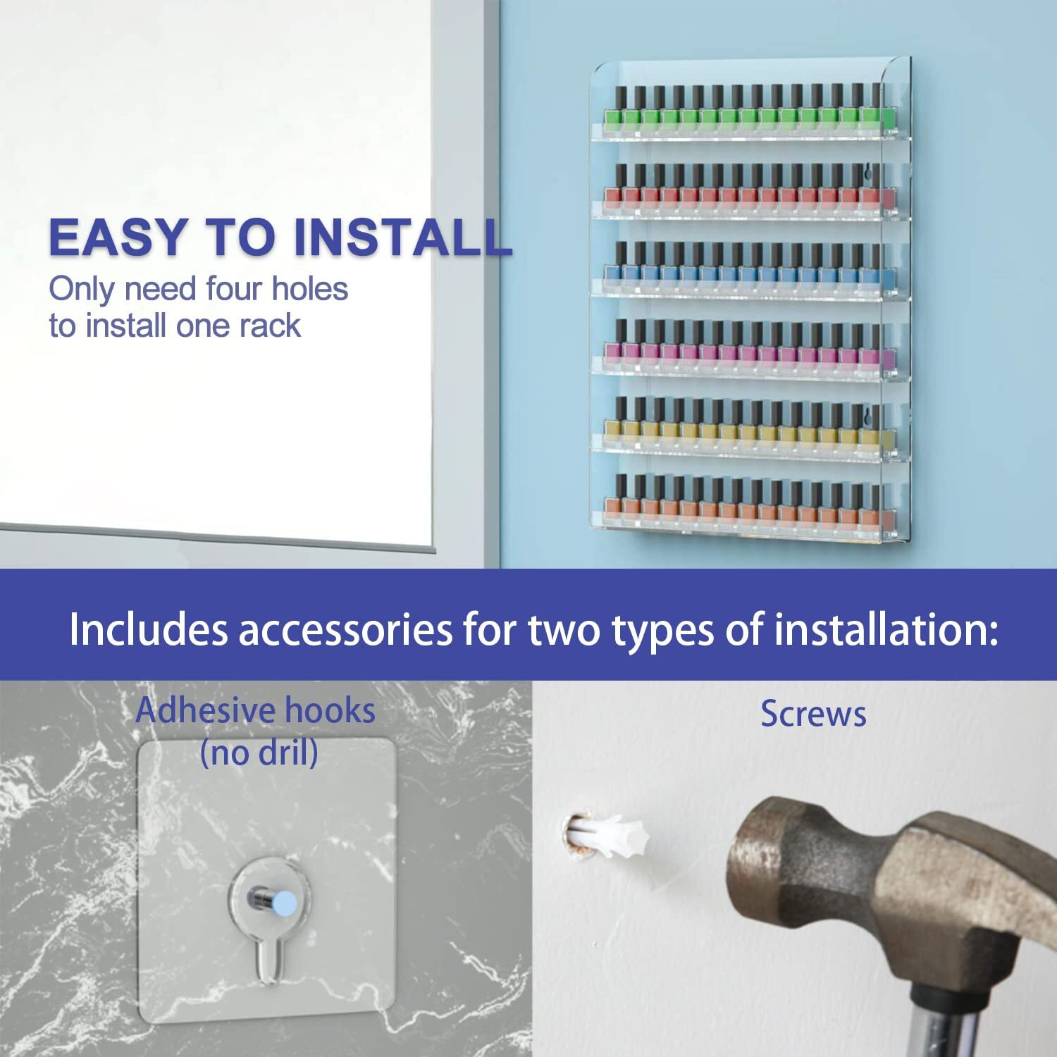 Femeli 2 Pack Nail Polish Wall Racks 20 * 24 Inch Hold Up To 240 Bottles,Clear Acrylic Nail Polish Shelf Organizer Wall Mounted 6 Rows