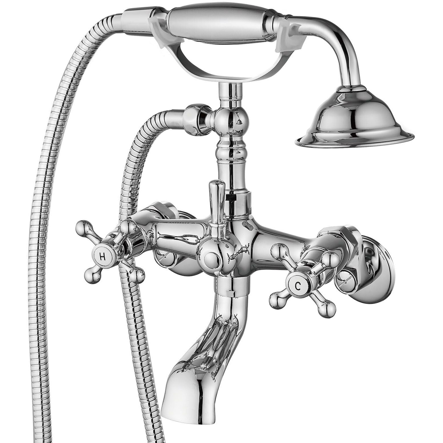 Aolemi Polish Chrome Clawfoot Faucet Wall Mount Tub Filler Bathroom Mixer Shower Faucet Set For Bathtub With Handheld Shower Sprayer And Tub Spout Double Cross Handle