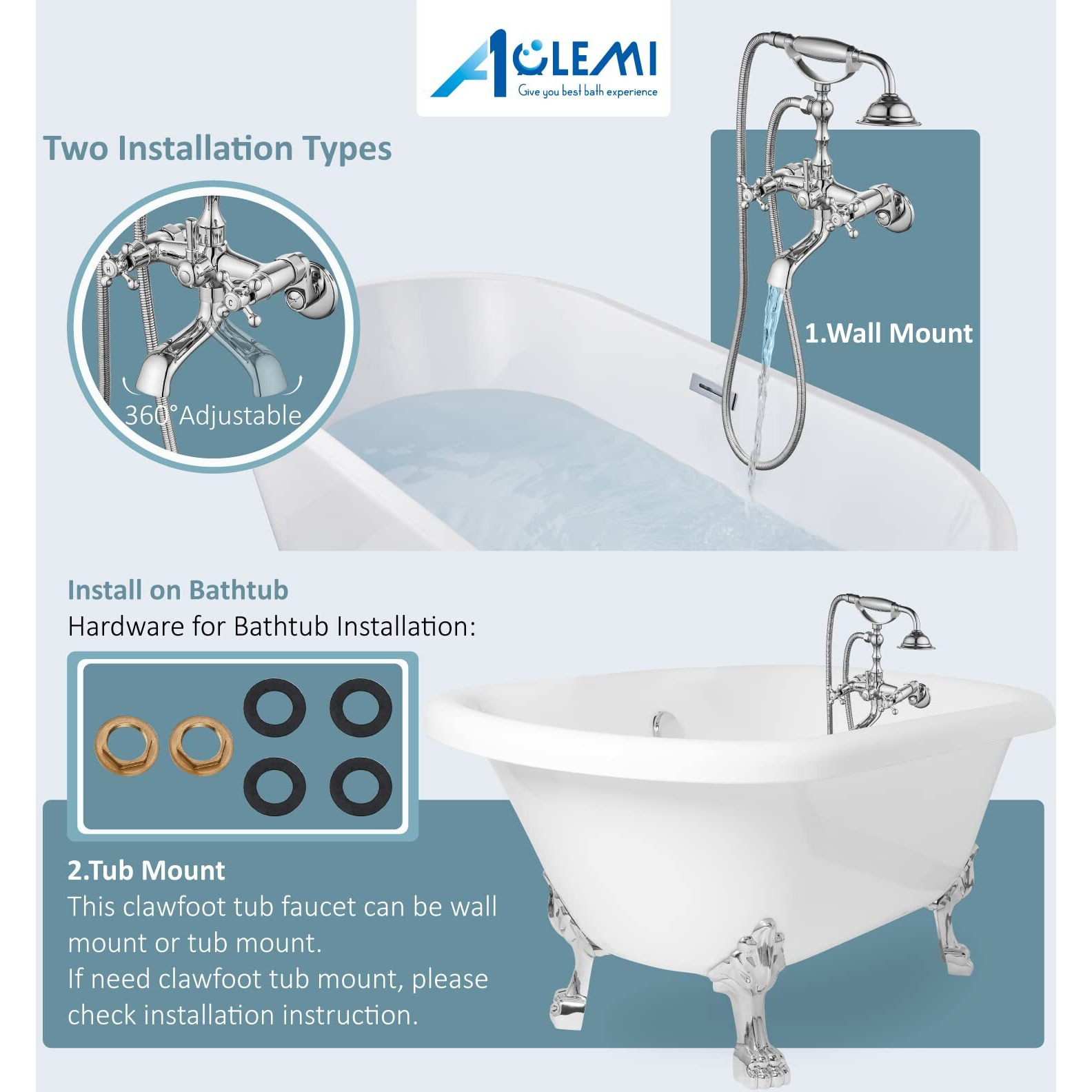 Aolemi Polish Chrome Clawfoot Faucet Wall Mount Tub Filler Bathroom Mixer Shower Faucet Set For Bathtub With Handheld Shower Sprayer And Tub Spout Double Cross Handle