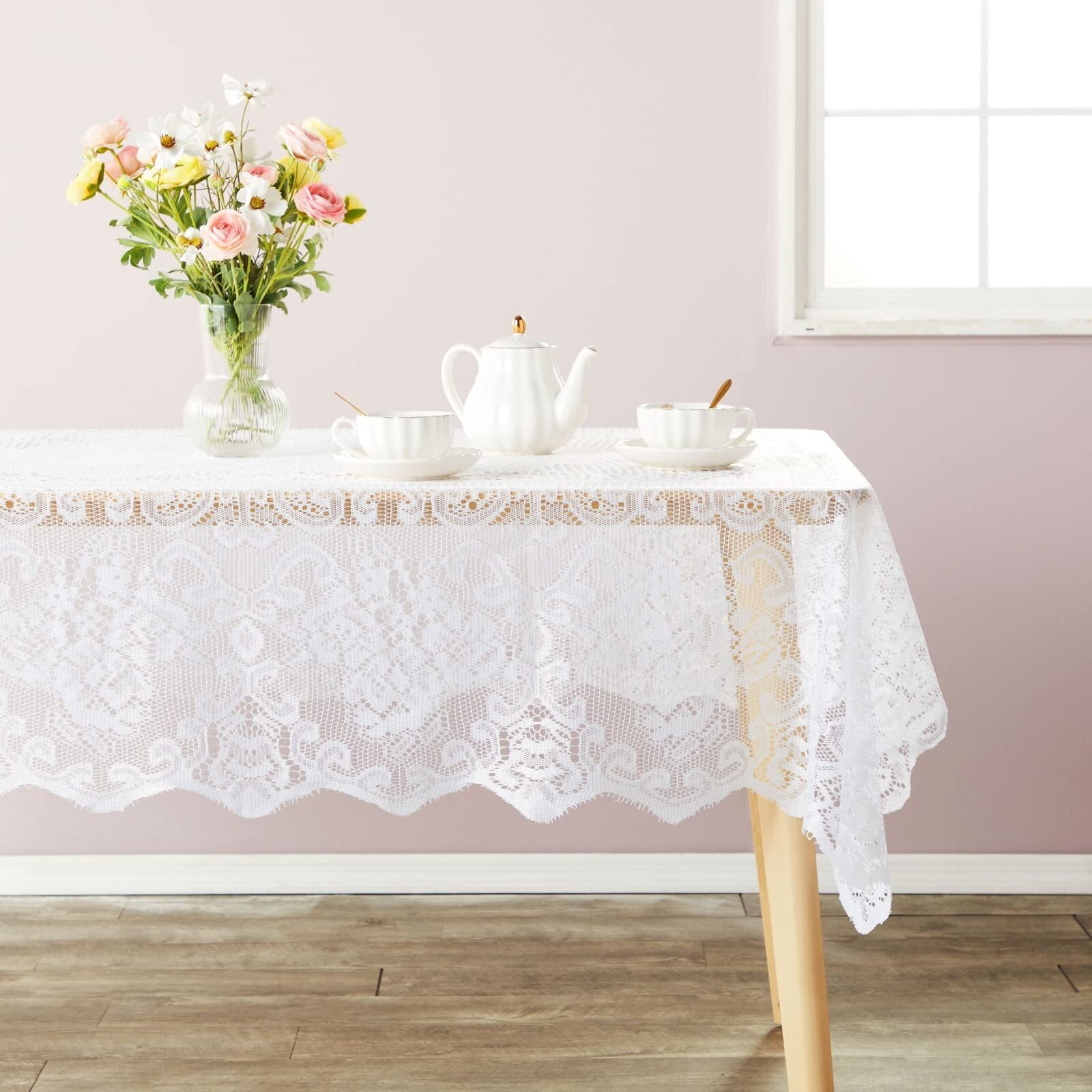 Juvale White Lace Tablecloth For Rectangular Tables, Vintage-Style Wedding Table Cloths For Reception, Dinner Party, Baby Shower, Tea Party Decorations, Home Decor (54X72 In)