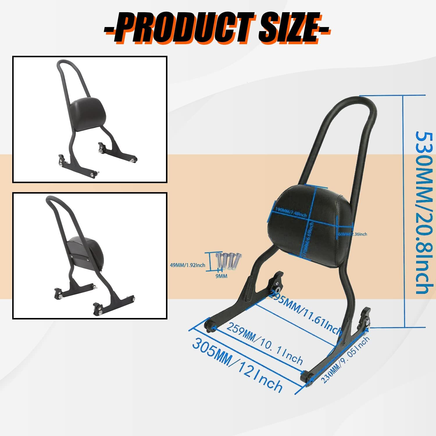 Ecotric Motorcycle Black Detachable Adjustable Steel Sissy Bar And Passenger Backrest Pad Compatible With 2006-2017 Harley Fatboy Lo Flstf Softail Fxst Flst Cvo