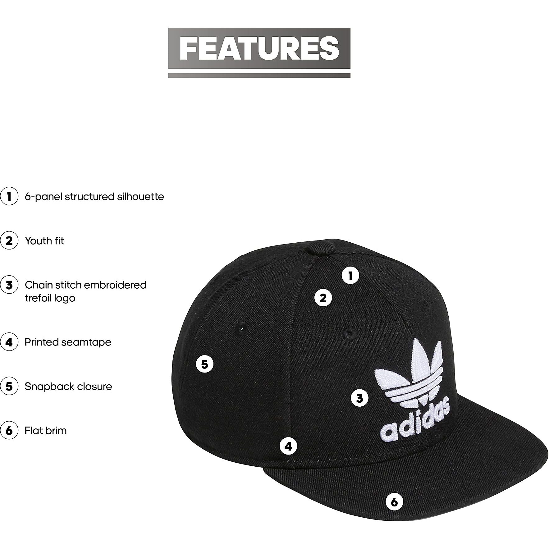 Adidas Originals Kids-Boy's/Girl's Trefoil Chain Flatbrim Structured Snapback Cap, Black/White, One Size