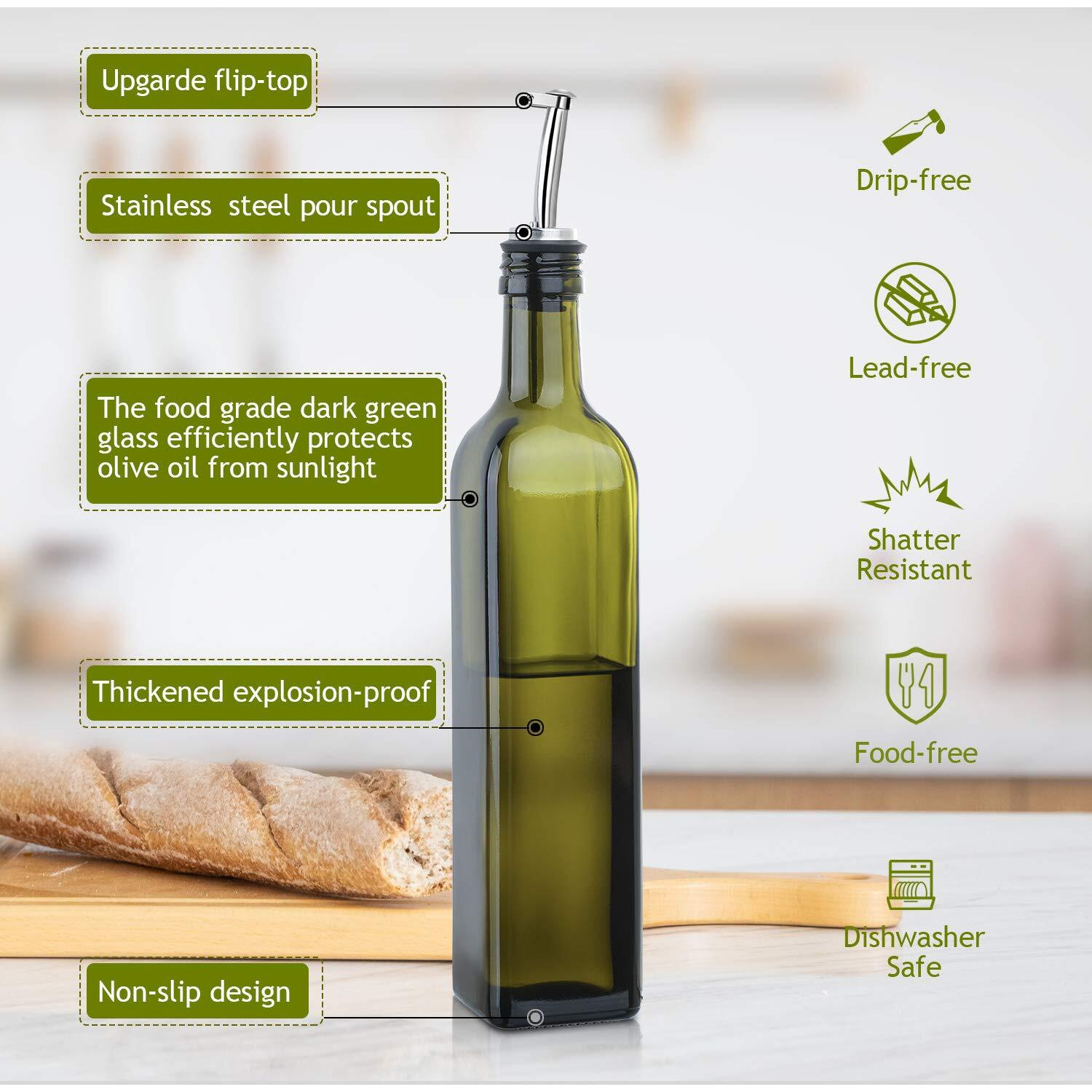 Aozita 17Oz Glass Olive Oil Bottle Dispenser - 500Ml Green Oil And Vinegar Cruet With Pourers And Funnel - Olive Oil Carafe Decanter For Kitchen