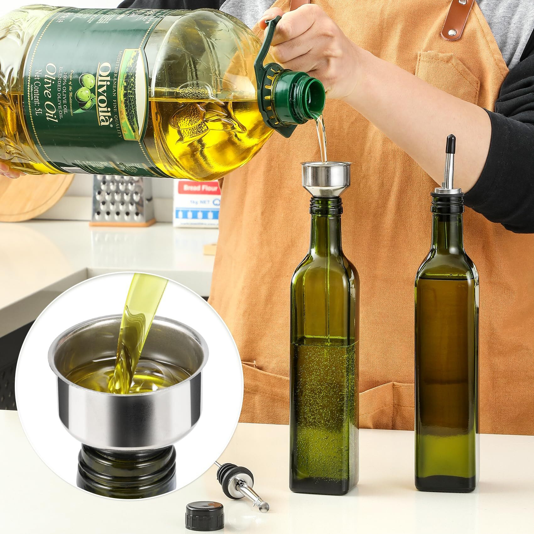 Aozita 17Oz Glass Olive Oil Bottle Dispenser - 500Ml Green Oil And Vinegar Cruet With Pourers And Funnel - Olive Oil Carafe Decanter For Kitchen