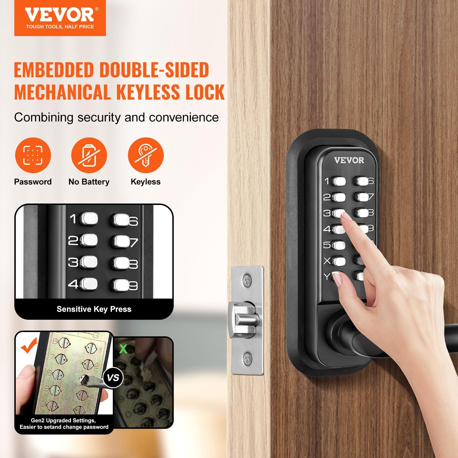 Vevor Mechanical Keyless Entry Door Lock, 14 Digit Keypad, Double-Sided Embedded Outdoor Gate Door Locks Set With Keypad And Handle, Water-Proof Zinc Alloy, Easy To Install, For Garden, Yard, Garage