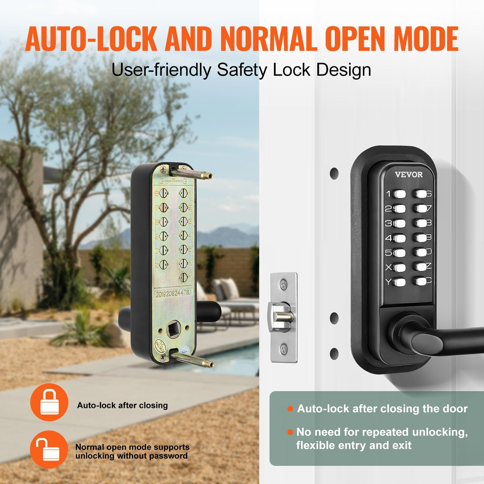 Vevor Mechanical Keyless Entry Door Lock, 14 Digit Keypad, Double-Sided Embedded Outdoor Gate Door Locks Set With Keypad And Handle, Water-Proof Zinc Alloy, Easy To Install, For Garden, Yard, Garage