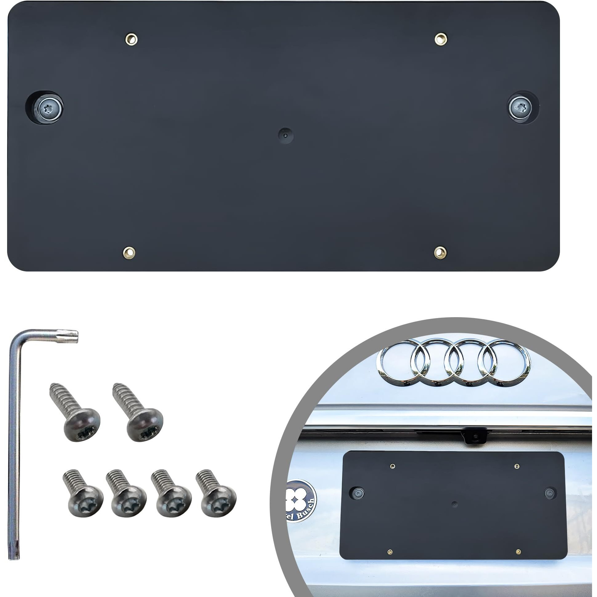 Rear Bumper License Plate Bracket For Audi Q5 Sq5 2009-2024, Plate Holder Set W 8 Unique Screw Bolts & Wrench Kit, Mounting Kit, Quality Plate Holders