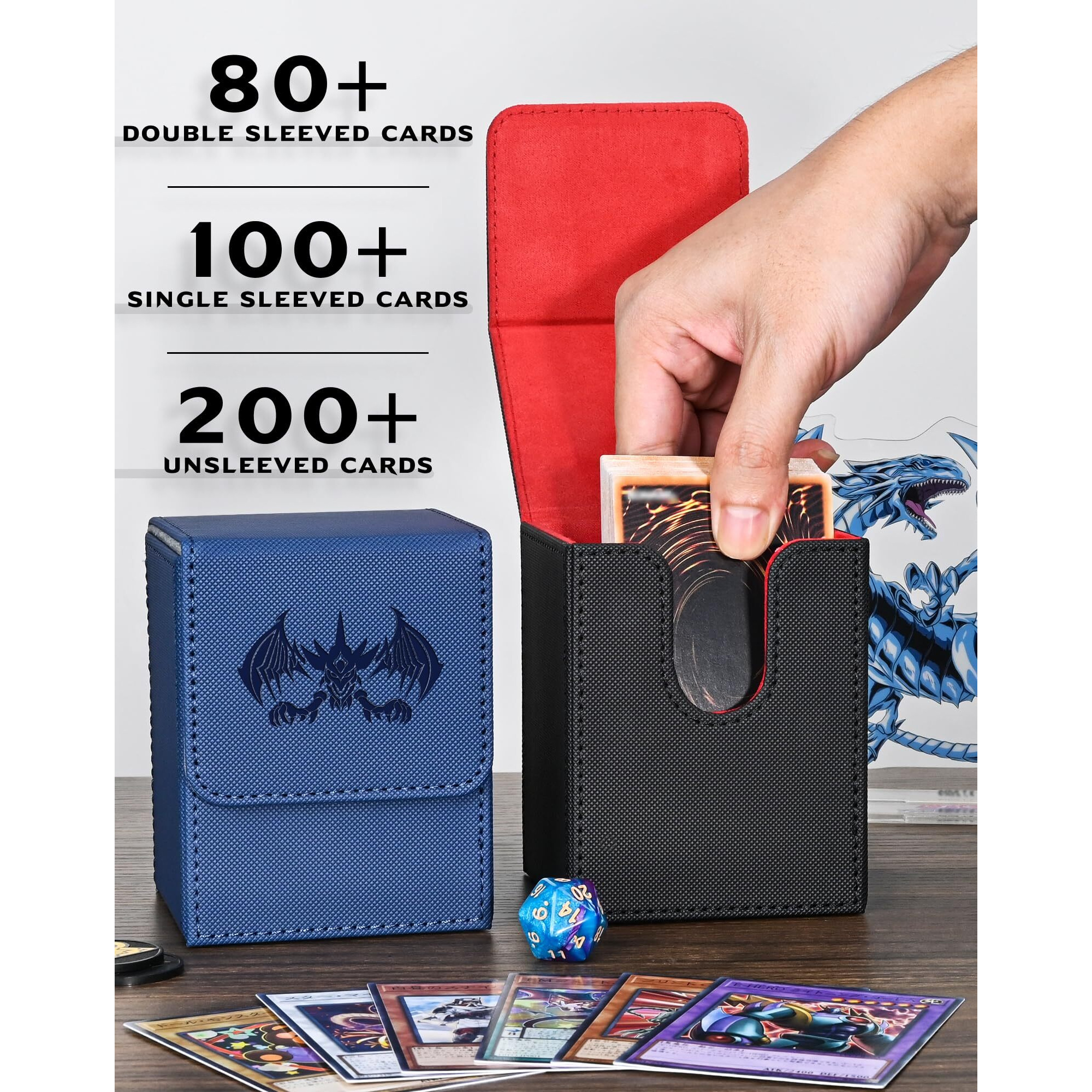 Uaono Card Deck Box For Yugioh Mtg Cards, 100+ Deck Case With 2 Dividers Fits Tcg Ccg, Pu Leather Card Storage Box Compatible With Collectible Trading Cards (Black&Red, Extinction Dragon)