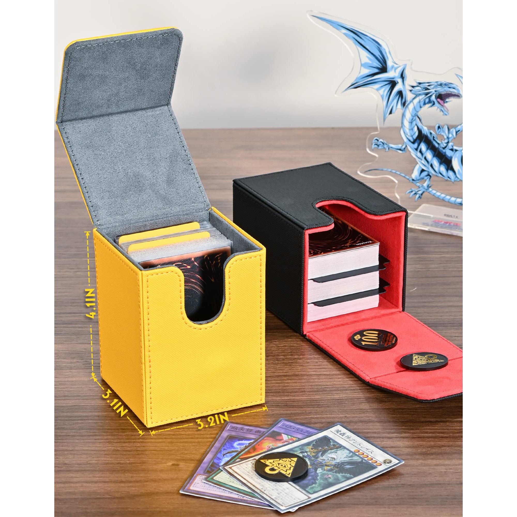 Uaono Card Deck Box For Yugioh Mtg Cards, 100+ Deck Case With 2 Dividers Fits Tcg Ccg, Pu Leather Card Storage Box Compatible With Collectible Trading Cards (Black&Red, Extinction Dragon)