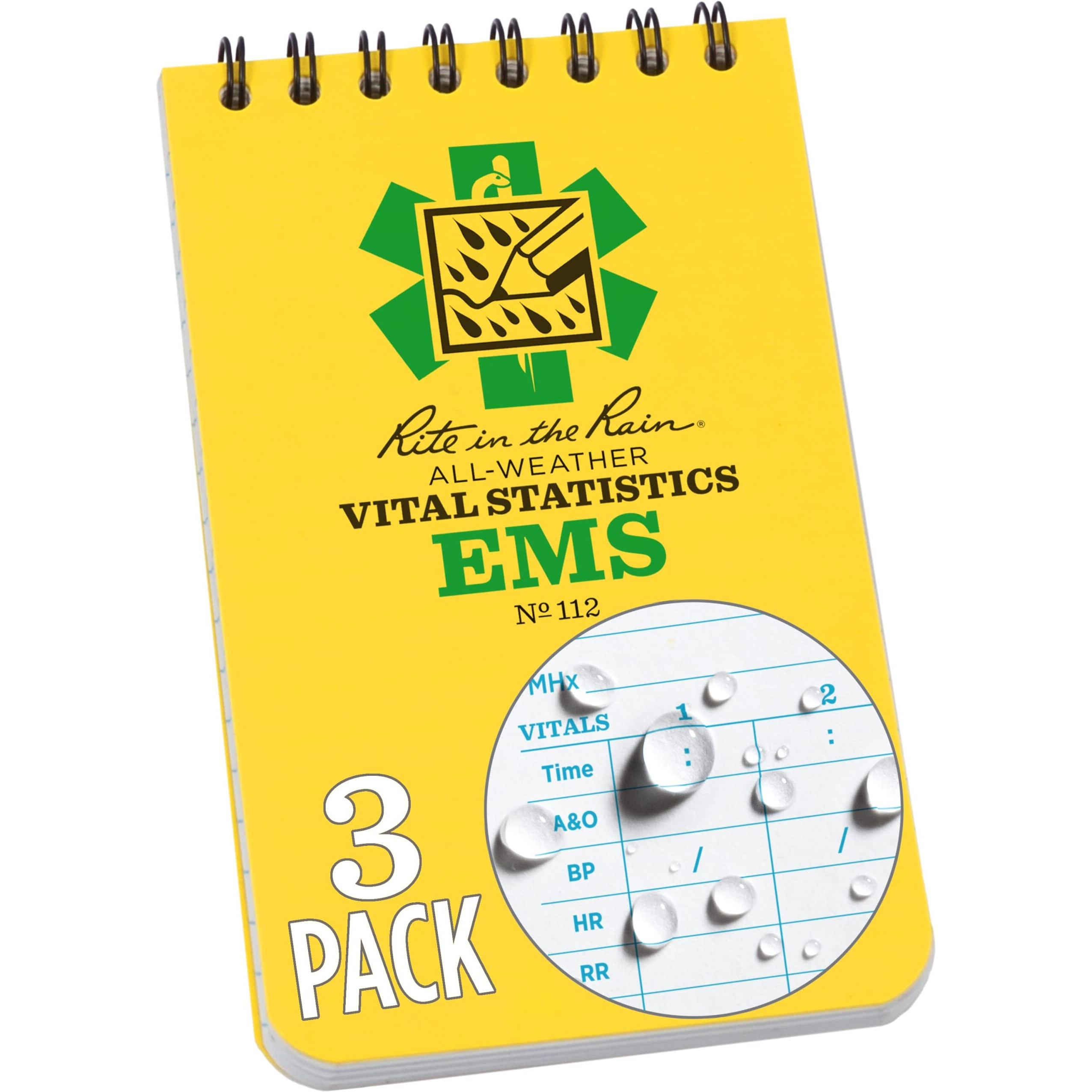 Rite In The Rain Weatherproof Ems Notebook, 3" X 5", Yellow Cover, Vital Stats Pages, 3 Pack (No. 112-3)