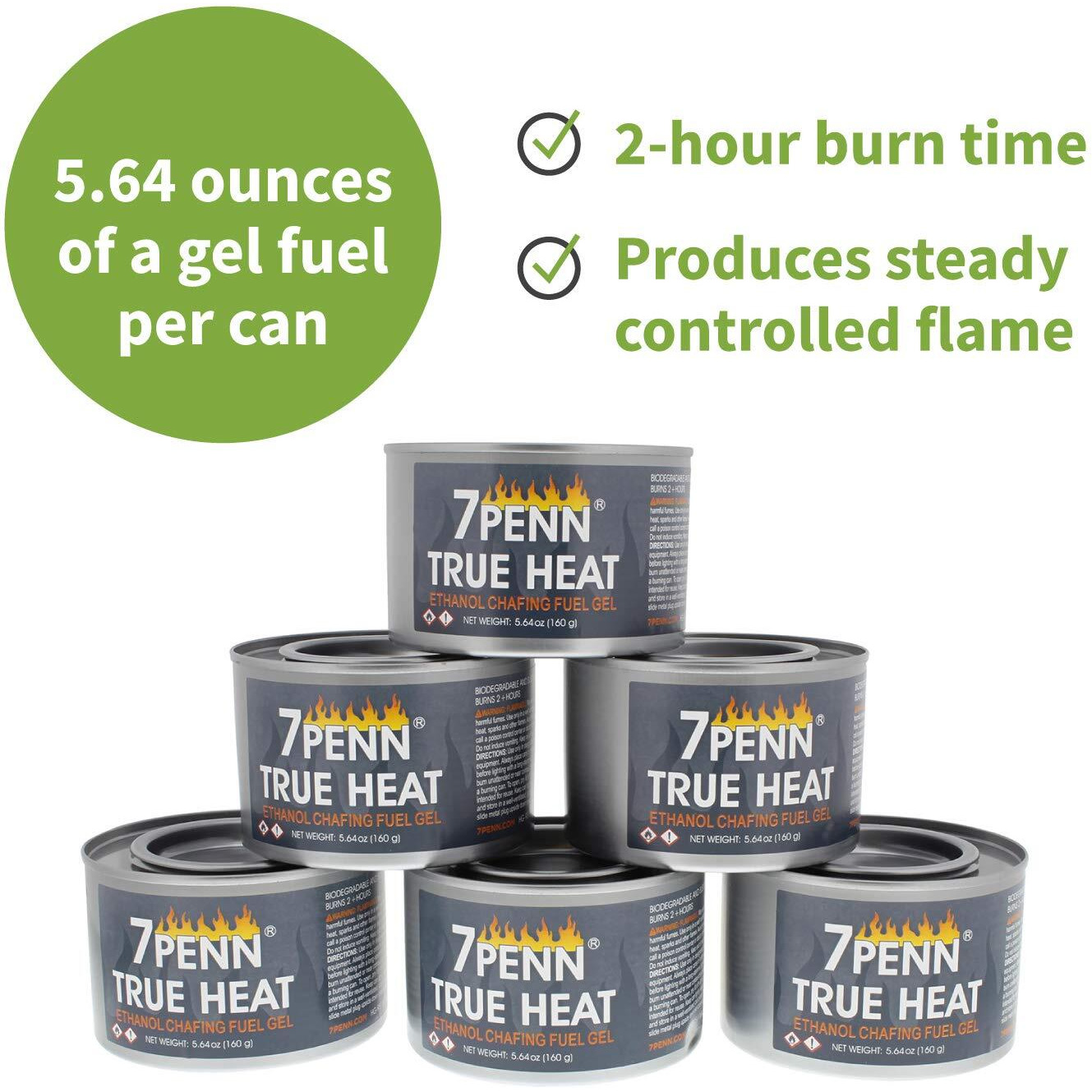 7Penn Gel Fuel True Heat Bio Ethanol 2 Hr Cooking Fuel 6Pk - Food Warming Heated Cans, Chafing Dish Burner Buffet Warmer