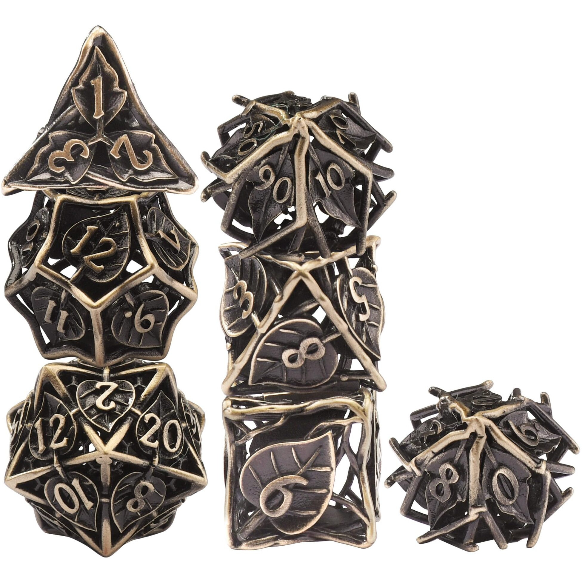 Austor Metal Dnd Dice Set 7 Pieces Leaf Dnd Dice Hollow Polyhedral Dice D20 D12 D10 D% D8 D6 D4 Metal Dice With Metal Box For Dungeons & Dragons Rpg Board Games (Antique Bronze)