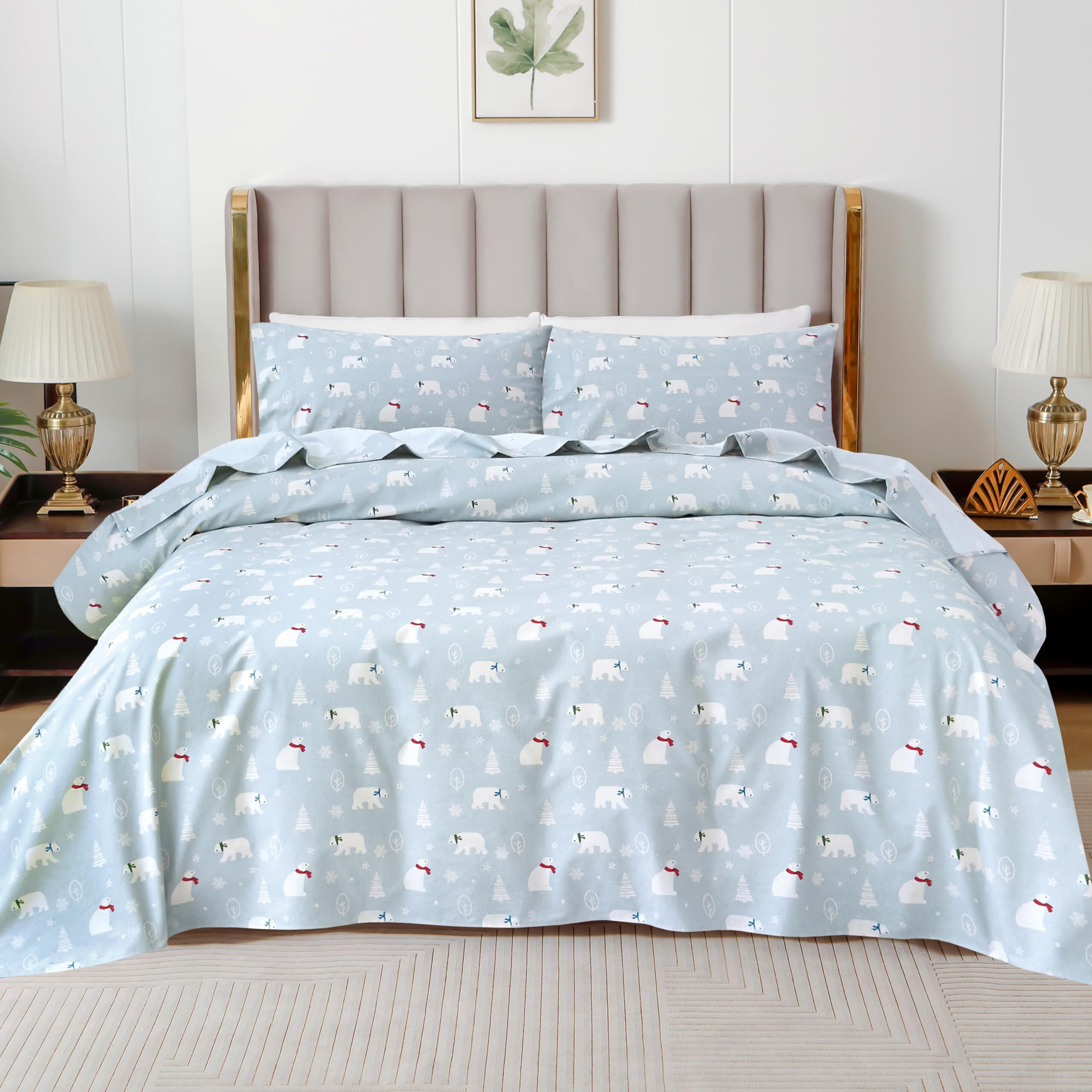 Elegant Comfort Ultra Soft 4-Piece 100% Turkish Cotton Flannel Sheet Set - Holiday Christmas Flannel Sheets, Warm And Cozy Premium Quality, Deep Pocket Fitted Sheet- Queen, Polar Scarves