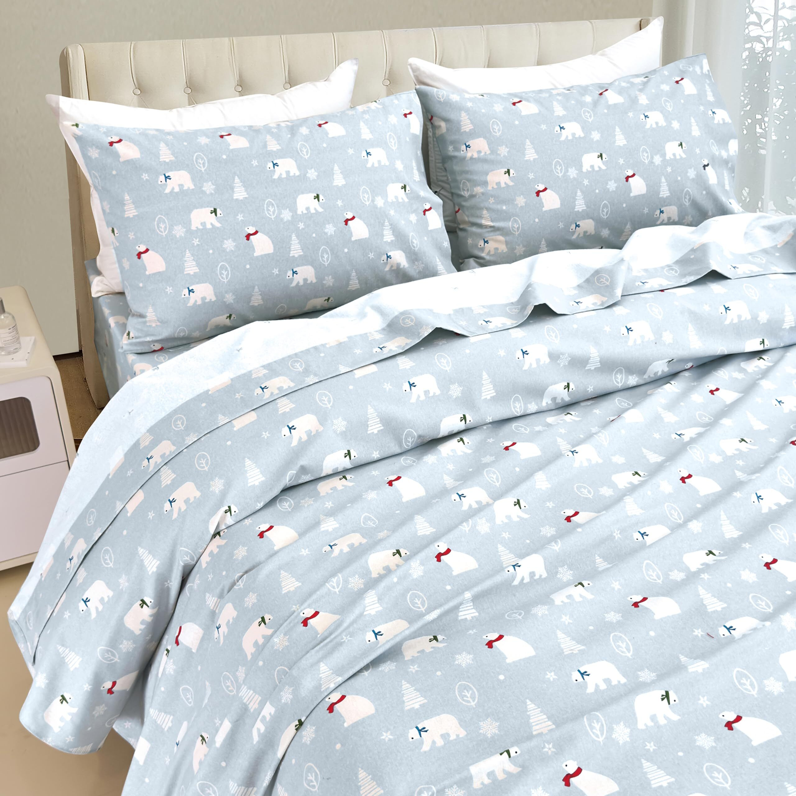 Elegant Comfort Ultra Soft 4-Piece 100% Turkish Cotton Flannel Sheet Set - Holiday Christmas Flannel Sheets, Warm And Cozy Premium Quality, Deep Pocket Fitted Sheet- Queen, Polar Scarves