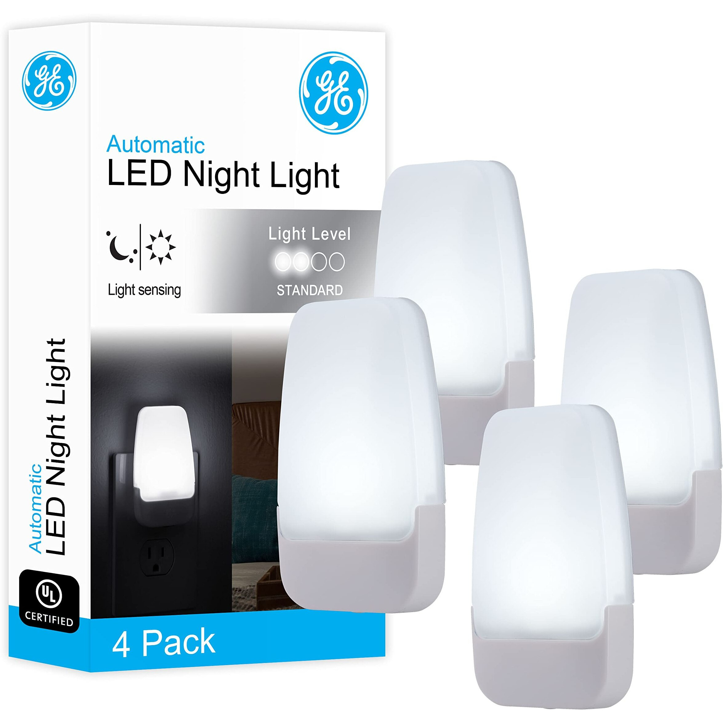 Ge Led Night Light, Plug-In, Dusk To Dawn Sensor, Cool White, Ambient Lighting, Ideal For Kids Adults Bedroom, Bathroom, Nursery, Kitchen, Hallway, 55992, 4 Count