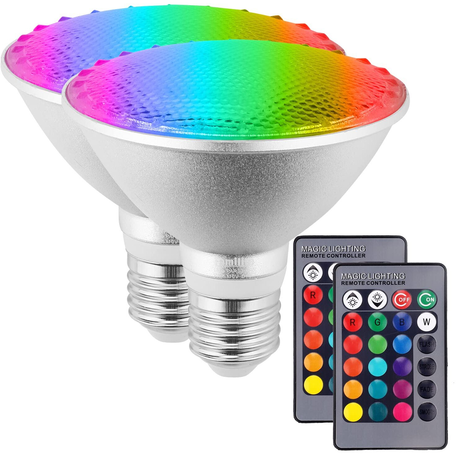 Familite Par30 Led Light Bulb, 30W Rgb Led Flood Light Indoor/Outdoor, Dimmable Color Changing Spotlight With Remote Control, Waterproof Lawn Lamp For Home Courtyard Christmas Party Decoration (2Pcs)
