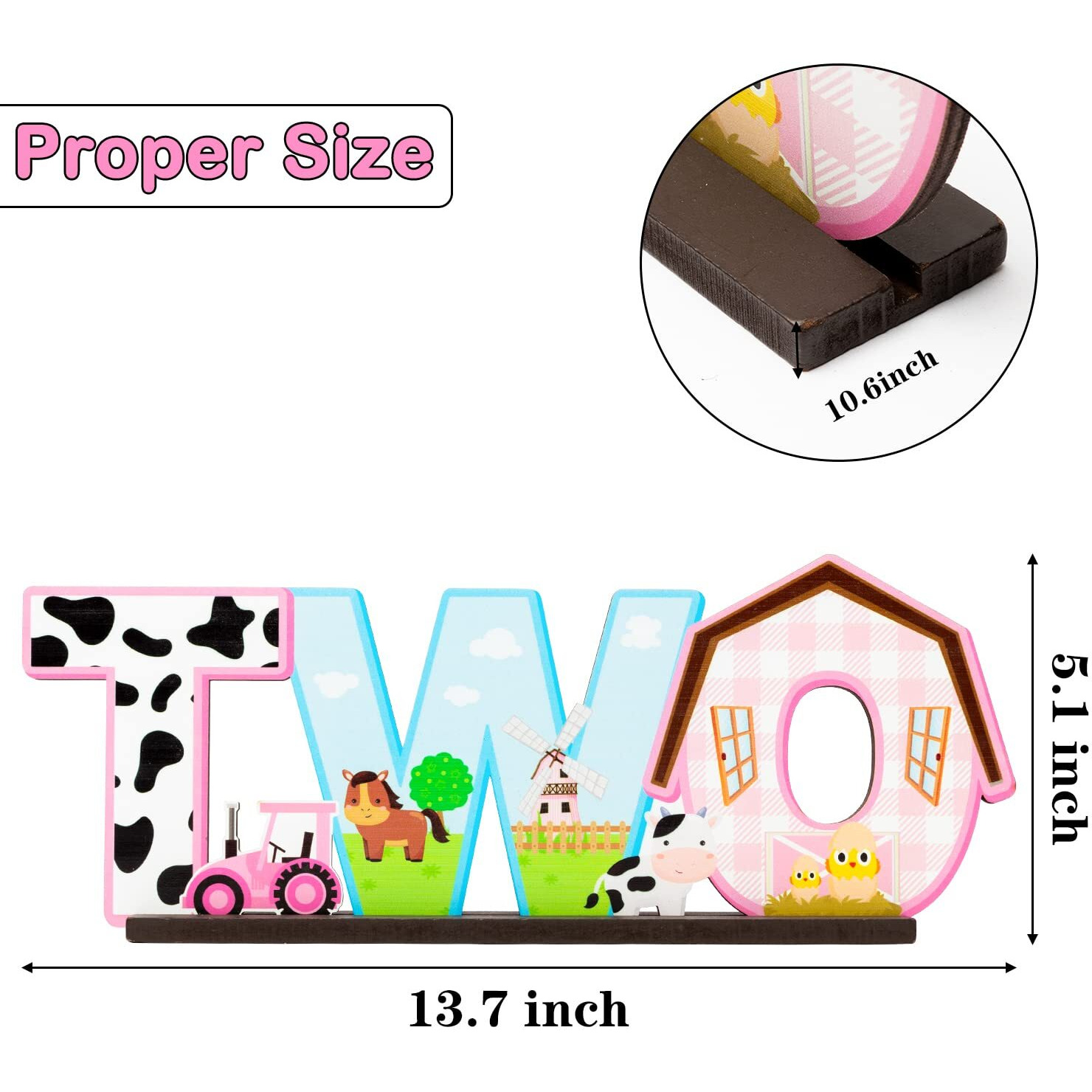 Haooryx Pink Farm Animals Two Letter Sign Wooden Table Centerpiece, 2Nd Farm Barnyard Birthday Party Sign Two Years Old Baby Girls Theme Birthday Party Decorations Baby Shower Photo Props Centerpiece