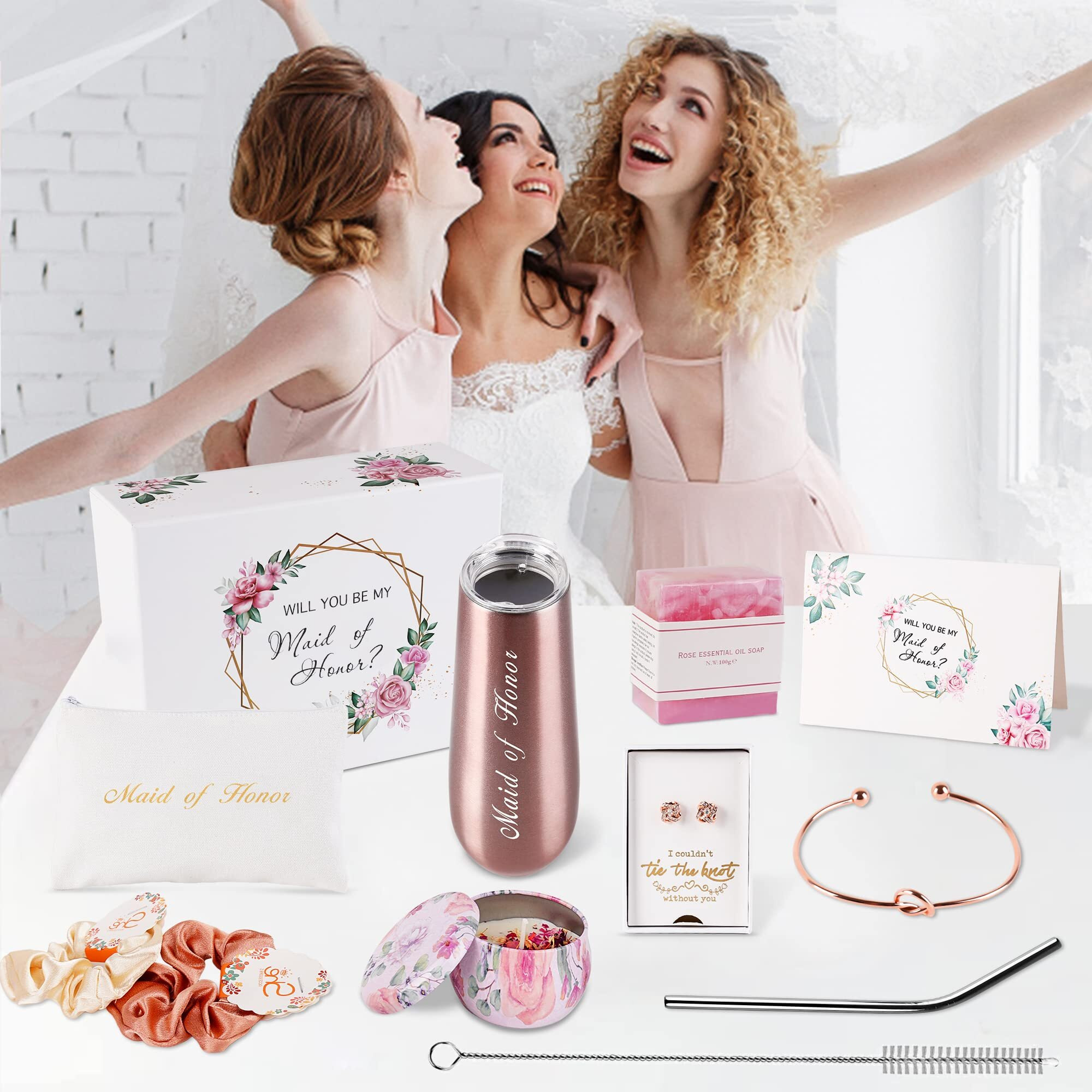 Dhqh Maid Of Honor Gifts Box Maid Of Honor Stemless Stainless Steel Champagne Glasses Maid Of Honor Proposal Gift,Will You Be My Maid Of Honor,Rose Gold Cup