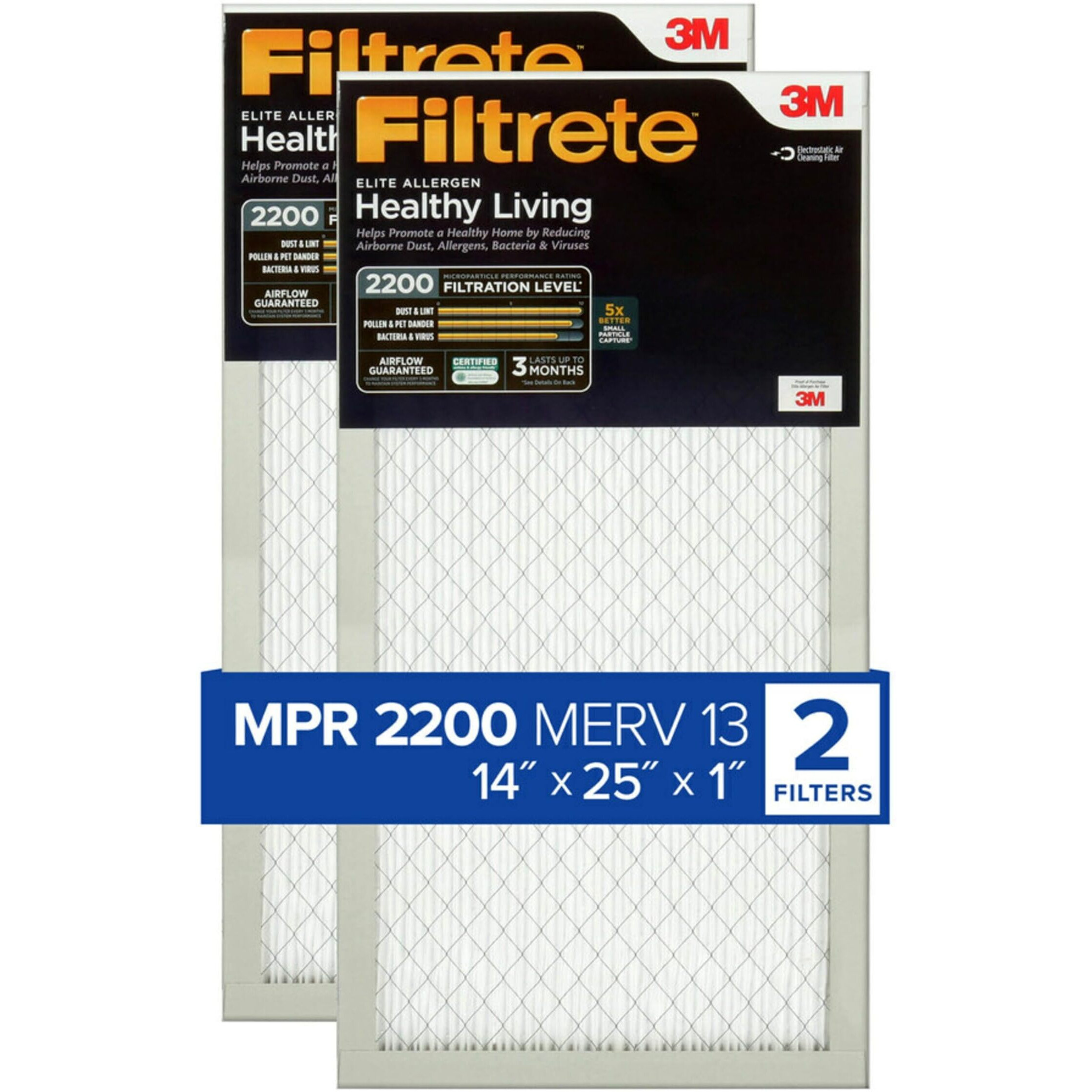 Filtrete 14X25X1 Ac Furnace Air Filter, Merv 13, Mpr 2200, Elite Allergen, Bacteria & Virus Filter, 3-Month Pleated 1-Inch Electrostatic Air Cleaning Filter, 2-Pack (Actual Size 13.81X24.81X0.78 In)
