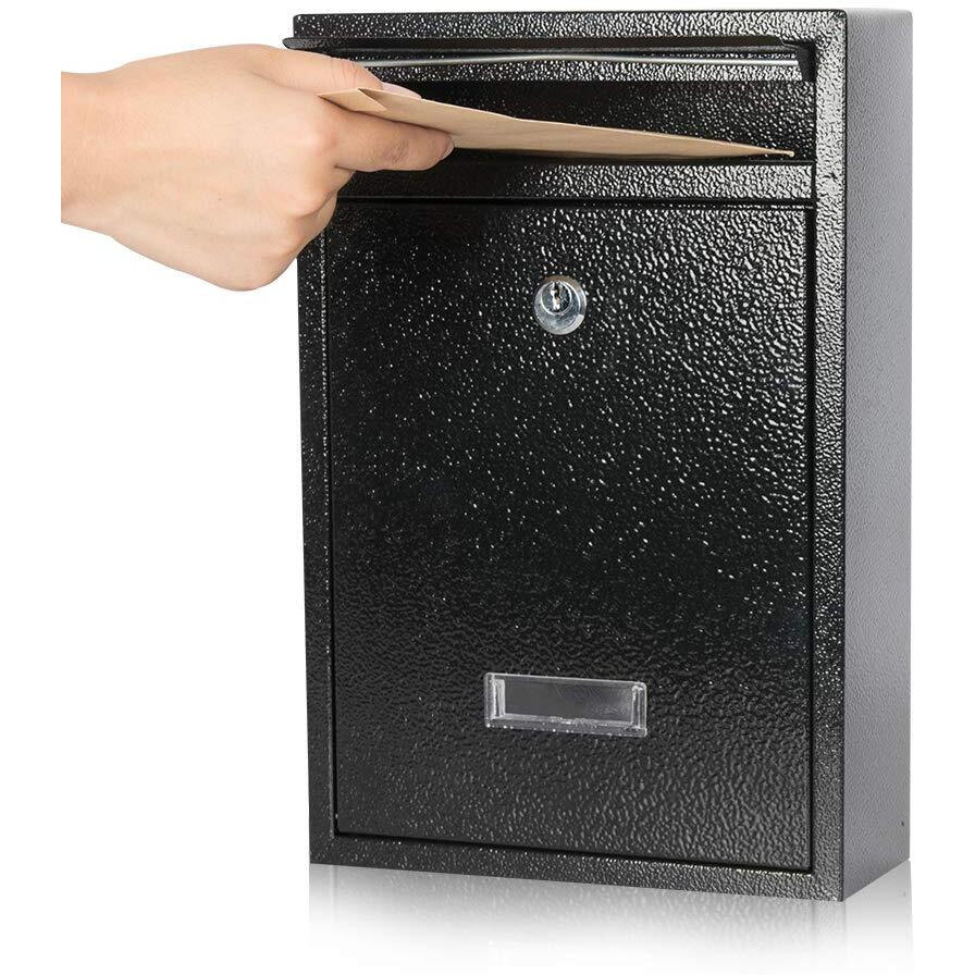 Kyodoled Key Lock Mail Boxes Outdoor,Locking Wall Mount Mailbox,Security Key Drop Box,12.4Hx 8.54Lx 3.35W Inches,Black Large
