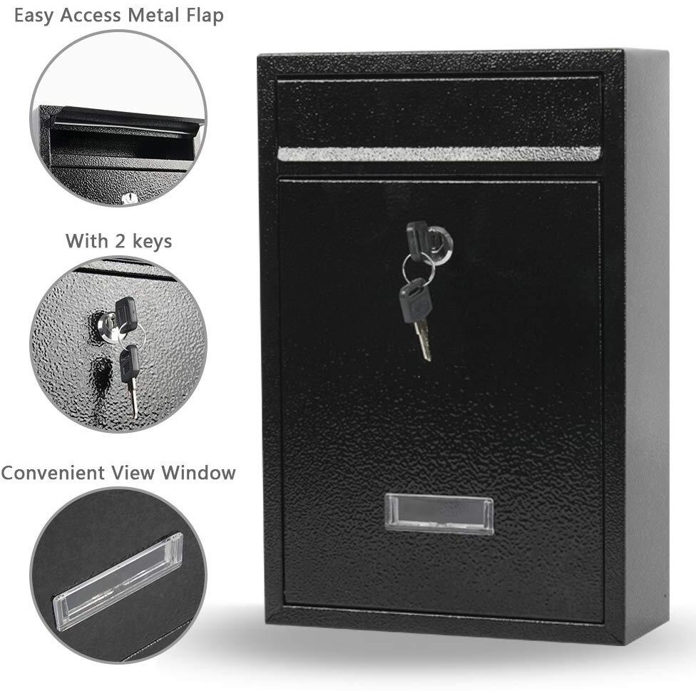 Kyodoled Key Lock Mail Boxes Outdoor,Locking Wall Mount Mailbox,Security Key Drop Box,12.4Hx 8.54Lx 3.35W Inches,Black Large