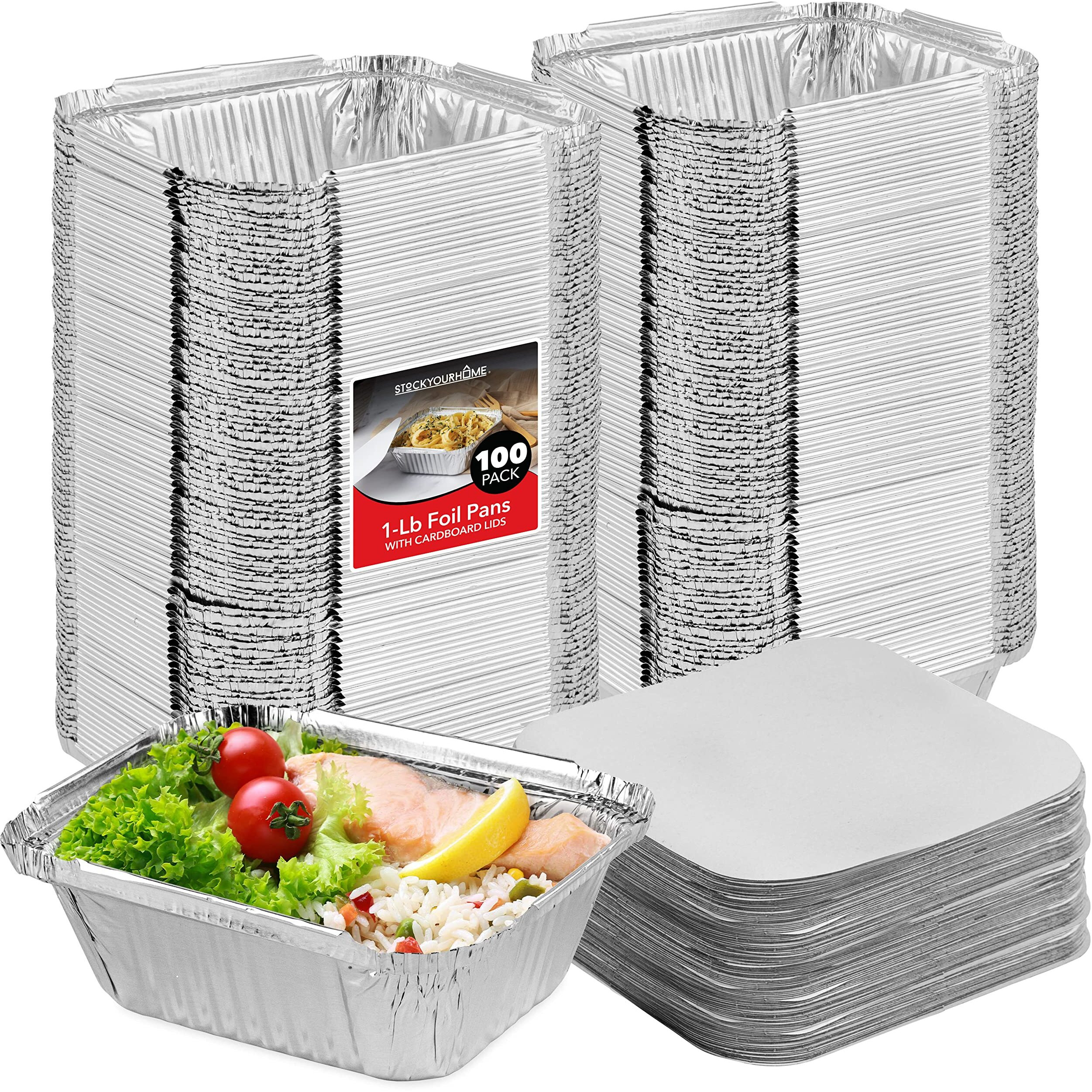 Stock Your Home 1 Lb Aluminum Pans With Lids (100 Pack) - Food Containers With Cardboard Lids - Disposable & Recyclable Takeout Trays With Lids - To Go Containers For Restaurants, Catering, Delis